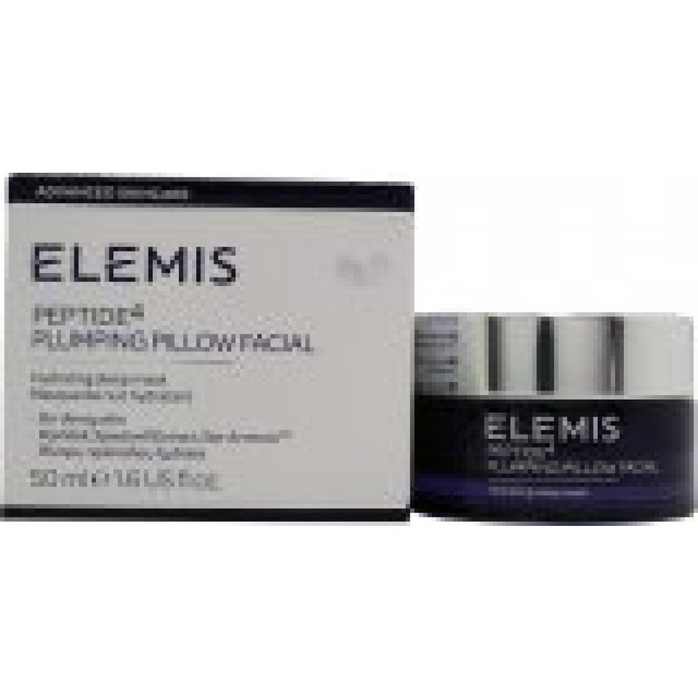 Produkt und Verpackung. Dose und Schachtel. Aufschrift: Elemis Peptide4 Plumping Pillow Facial. 50ml 1.6 US fl oz.