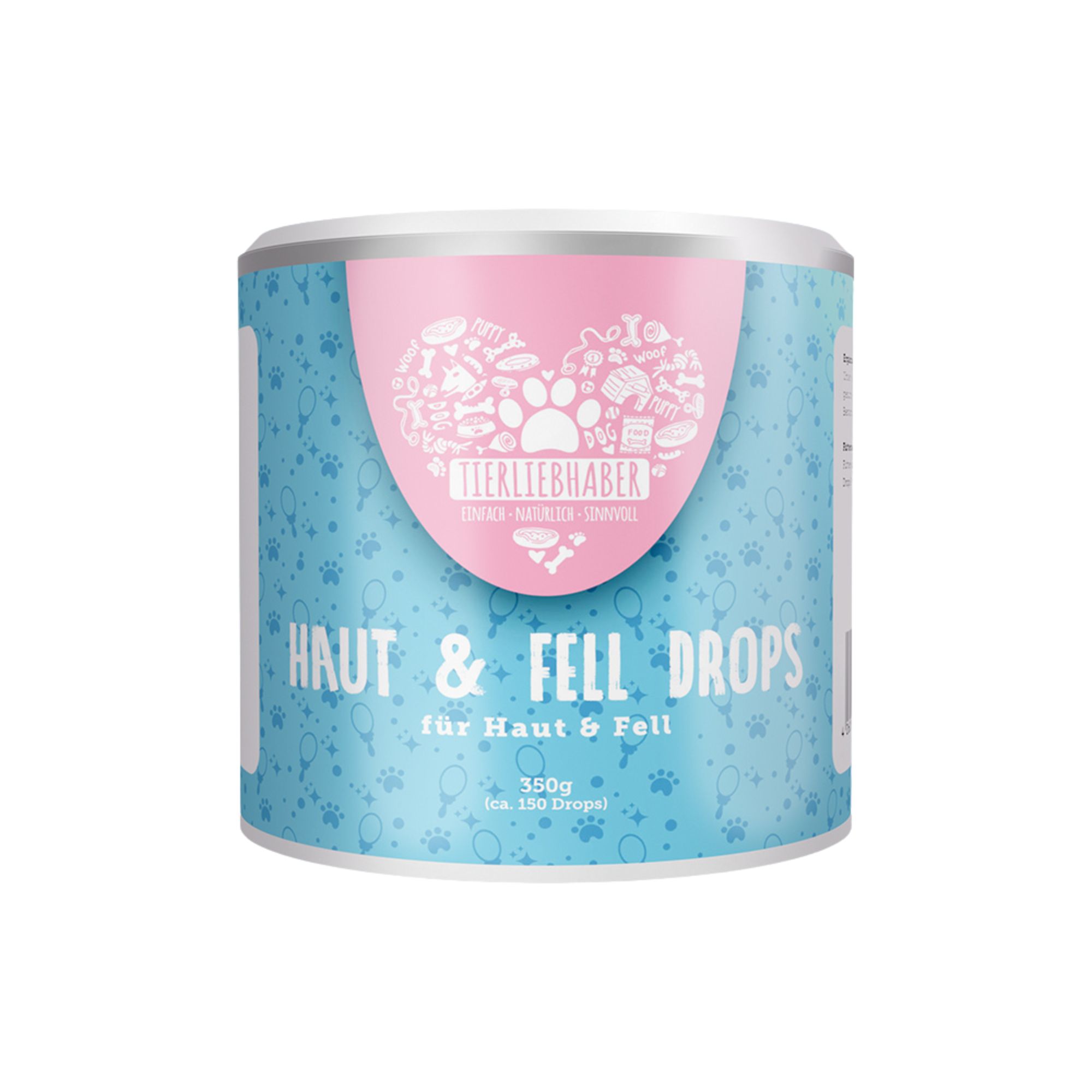 Dose "Haut & Fell Drops". Aufschrift: Tierliebhaber, Haut & Fell Drops, 350g, ca. 150 Drops.