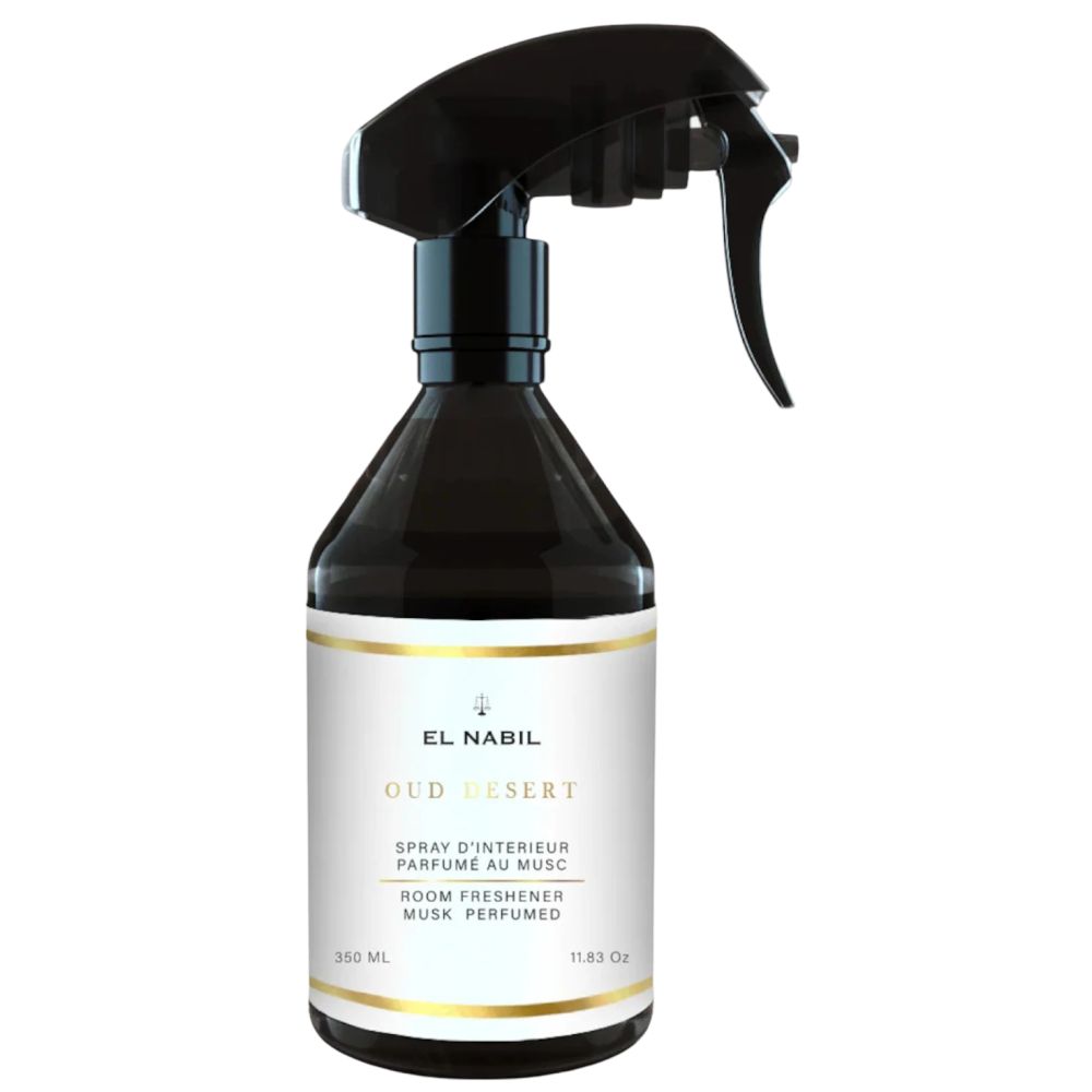 Schwarze Sprühflasche mit weißem Etikett. Aufschrift: El Nabil, Oud Desert, Raumduft, Moschusduft. 350 ml, 11.83 Oz.