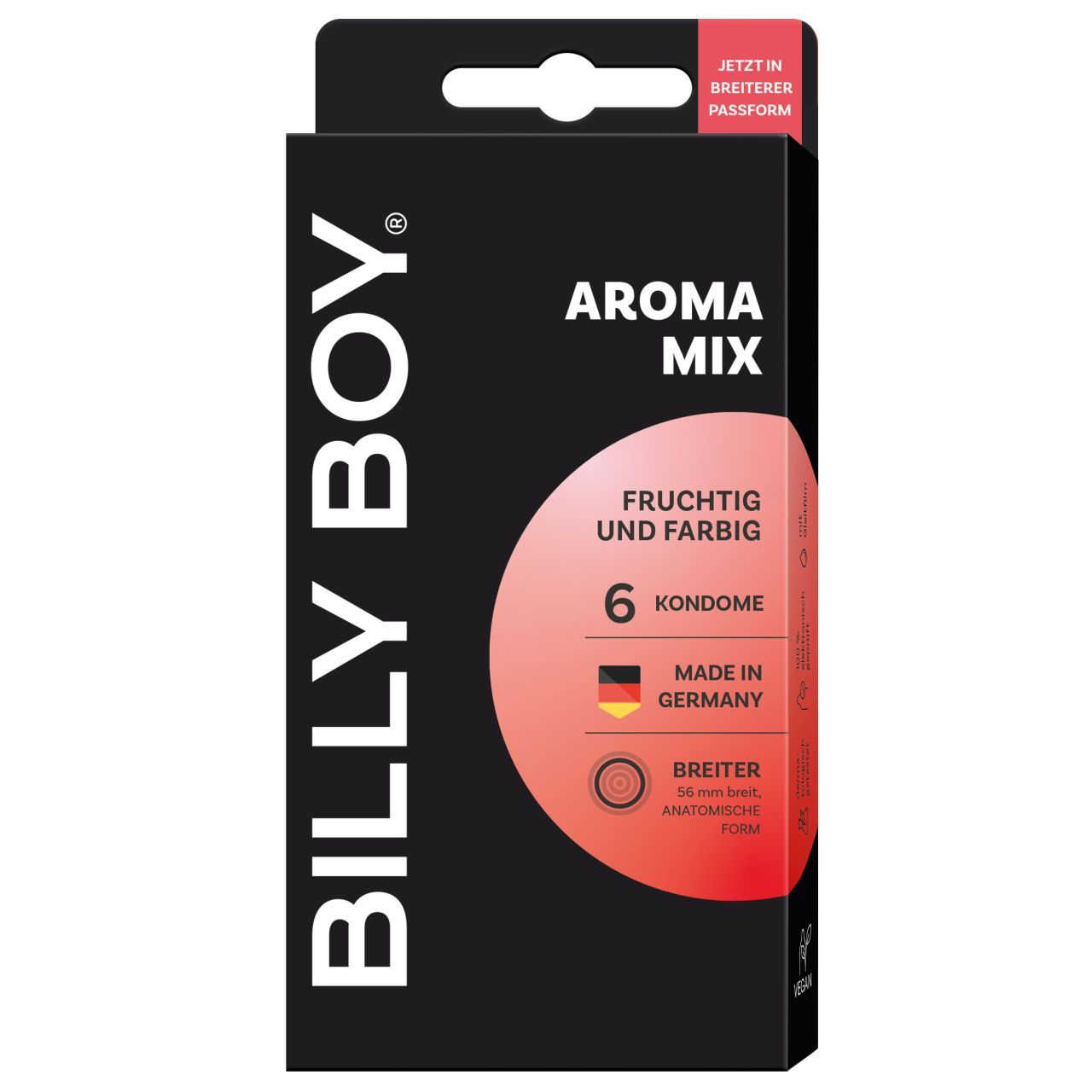 Packung BILLY BOY Aroma Mix Kondome, 6 Stück, Erdbeer und Tutti Frutti Aroma, Made in Germany.