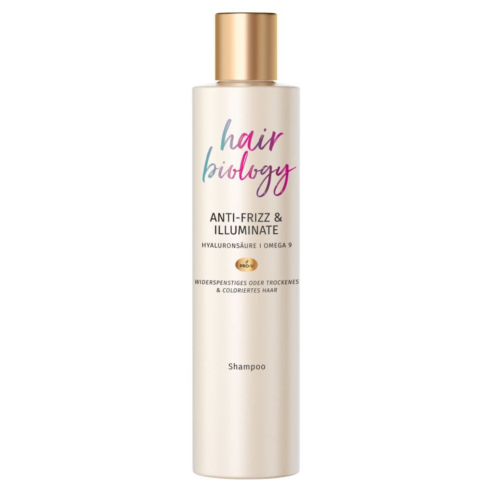 Beige Shampoo-Flasche mit goldfarbenem Deckel. Schriftzug: hair biology, Anti-Frizz & Illuminate. Enthält Hyaluronsäure und Omega 9. Für widerspenstiges oder coloriertes Haar.