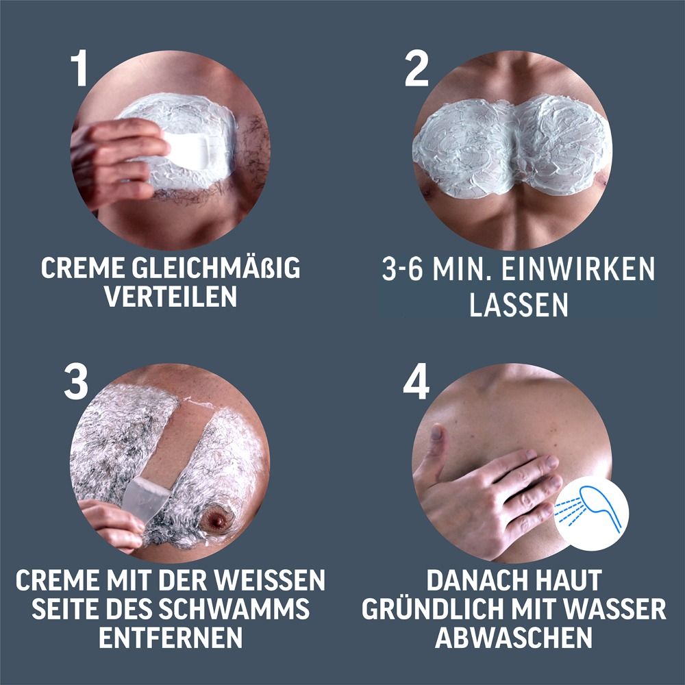 Vierstufige Anleitung zur Anwendung von Veet for Men Haarentfernungscreme.
