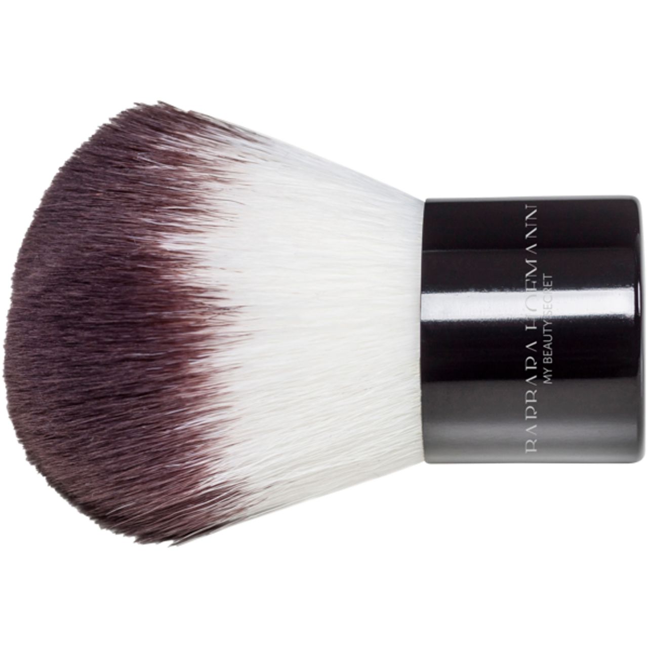 Kabuki-Pinsel mit schwarzem Griff. Borsten: Weiß und dunkelbraun. Aufschrift: RADRADA LOEEMANN MY BEAUTY SECRET.