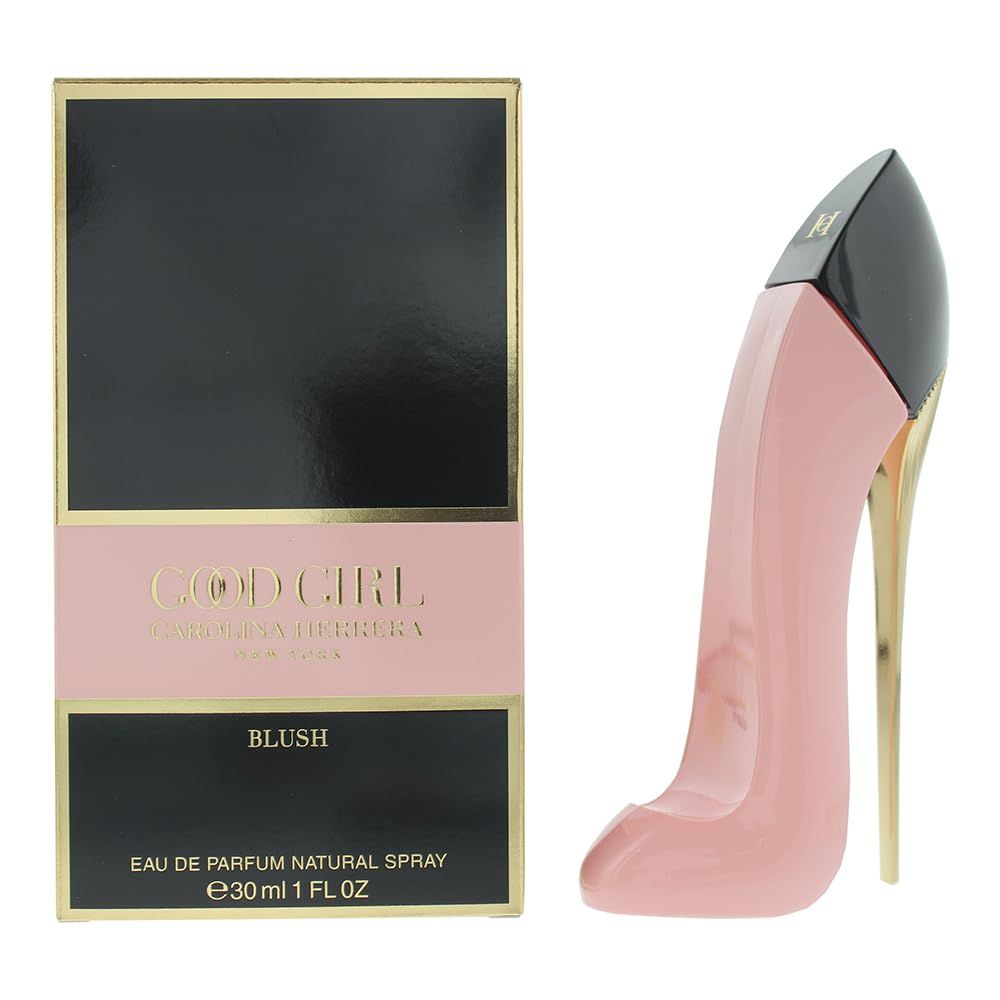 Rosa High Heel Flakon und Verpackung. Schwarze Box mit goldener Schrift. Aufschrift: GOOD GIRL BLUSH, Eau de Parfum.