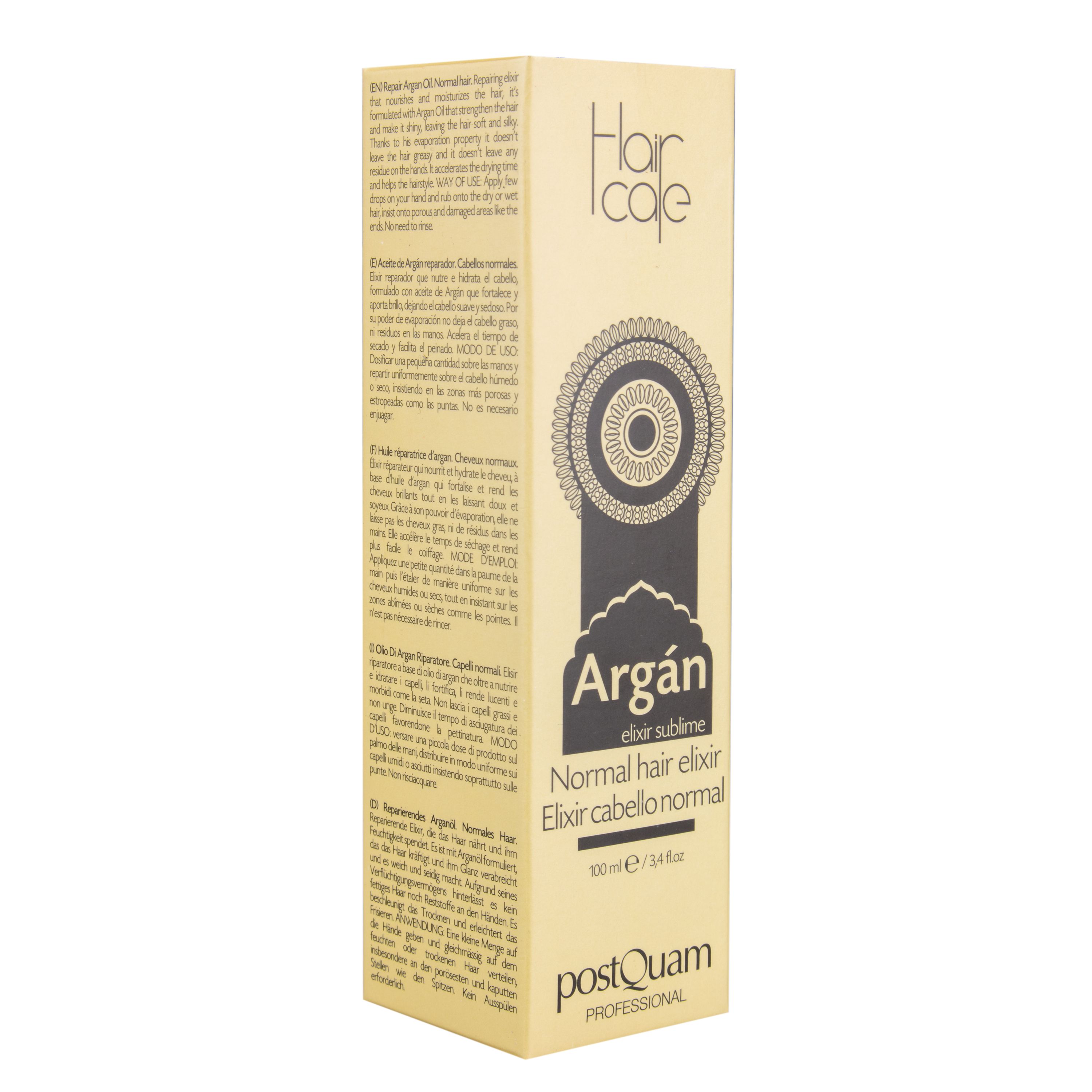 Kartonverpackung mit Produktbezeichnung und Logo. Text in mehreren Sprachen. Beige und braune Farben.