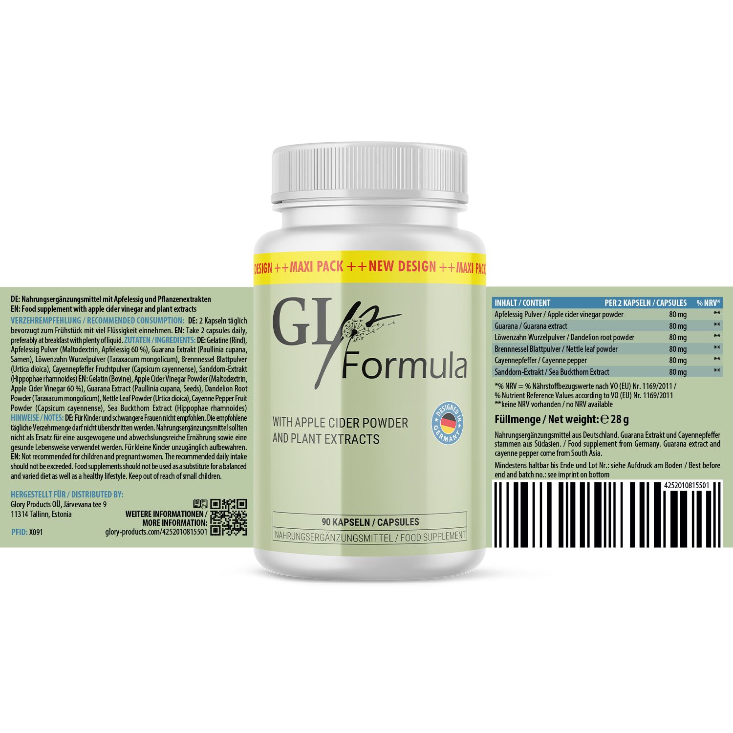 GLp Formula Pillenbehälter mit Inhaltsangaben und Nährwerttabelle. Enthält Apfelessigpulver und Pflanzenextrakte. Hergestellt in Deutschland.