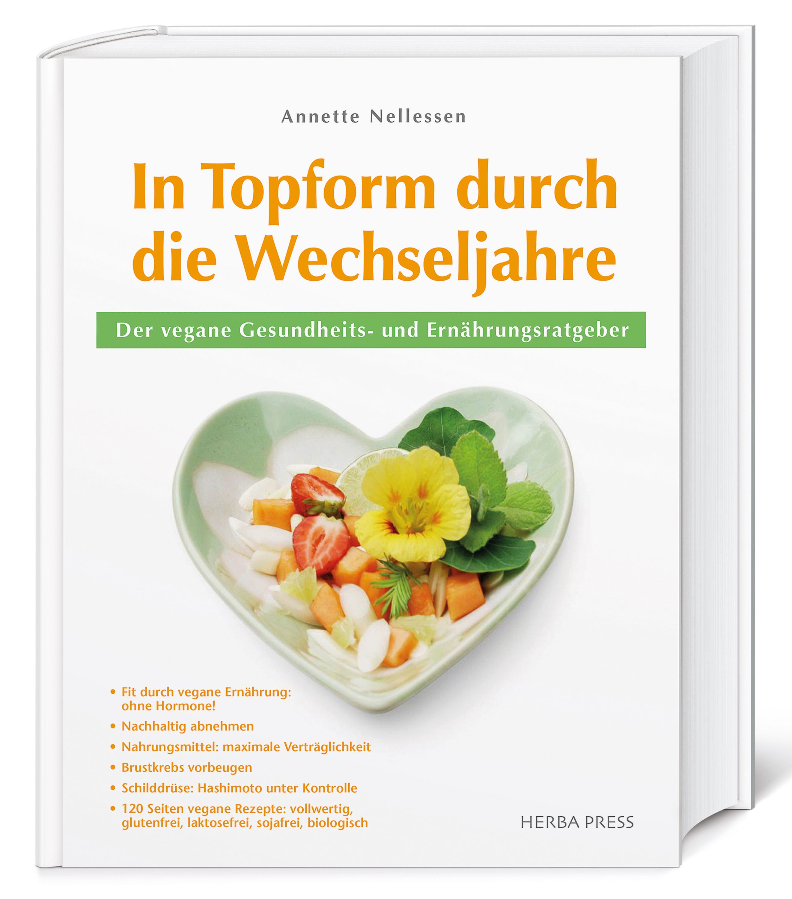 Buchcover: "In Topform durch die Wechseljahre". Titel und Autor. Herzförmige Schale mit Gemüse und Blüten. Herba Press Logo.