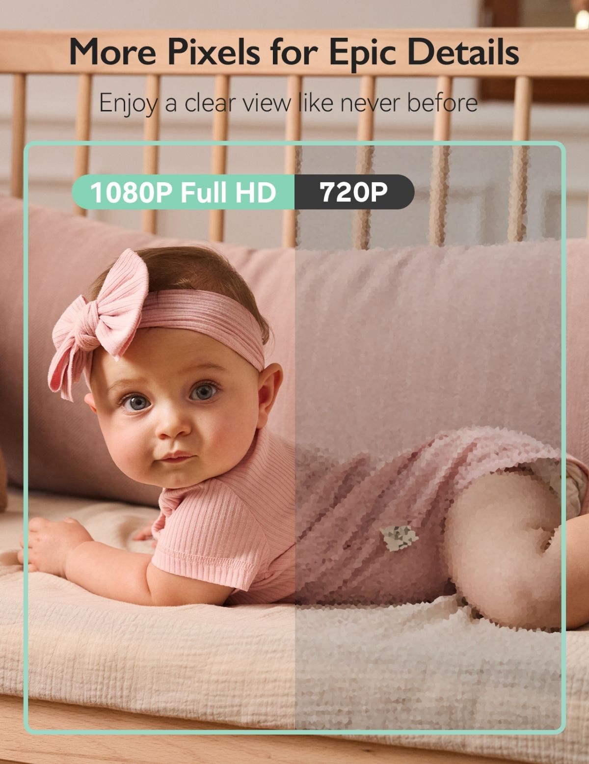 Baby auf Bett liegend. Text: 1080P Full HD, 720P. Babyphone-Bildschirm. Rosa Hintergrund.