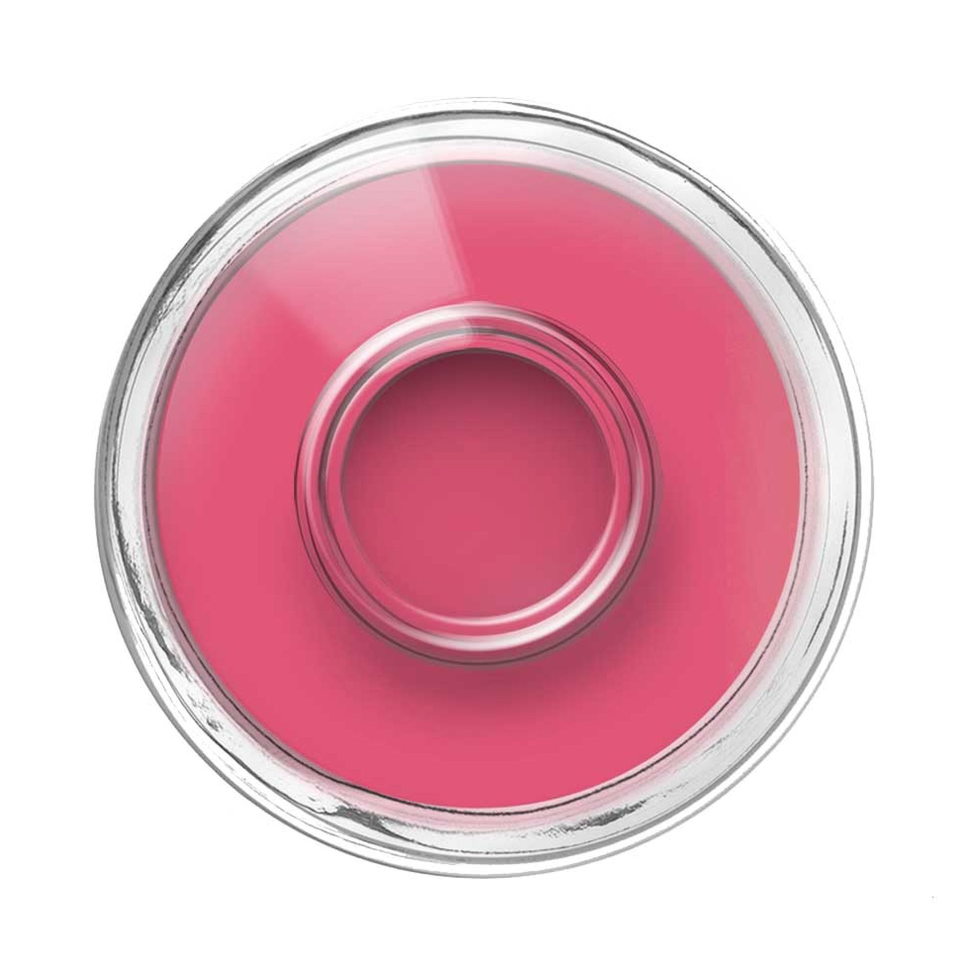 Draufsicht auf eine rosa Nagellackflasche. Der transparente Deckel zeigt das rosa Produkt.