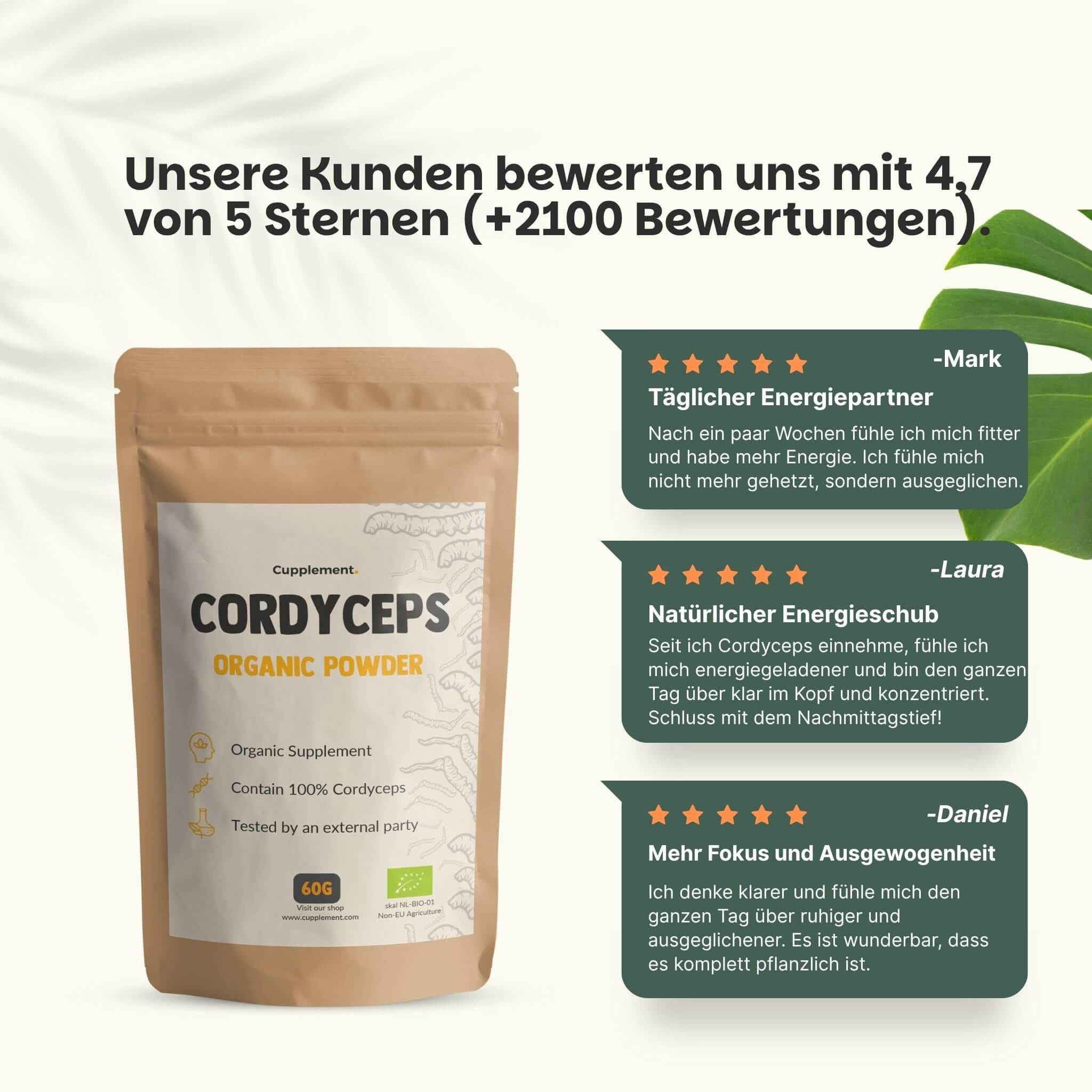 Braune Tüte mit Cordyceps-Pulver. Text: „Cordyceps Organic Powder“. Kundenbewertung 4,7/5. 3 Testimonials.