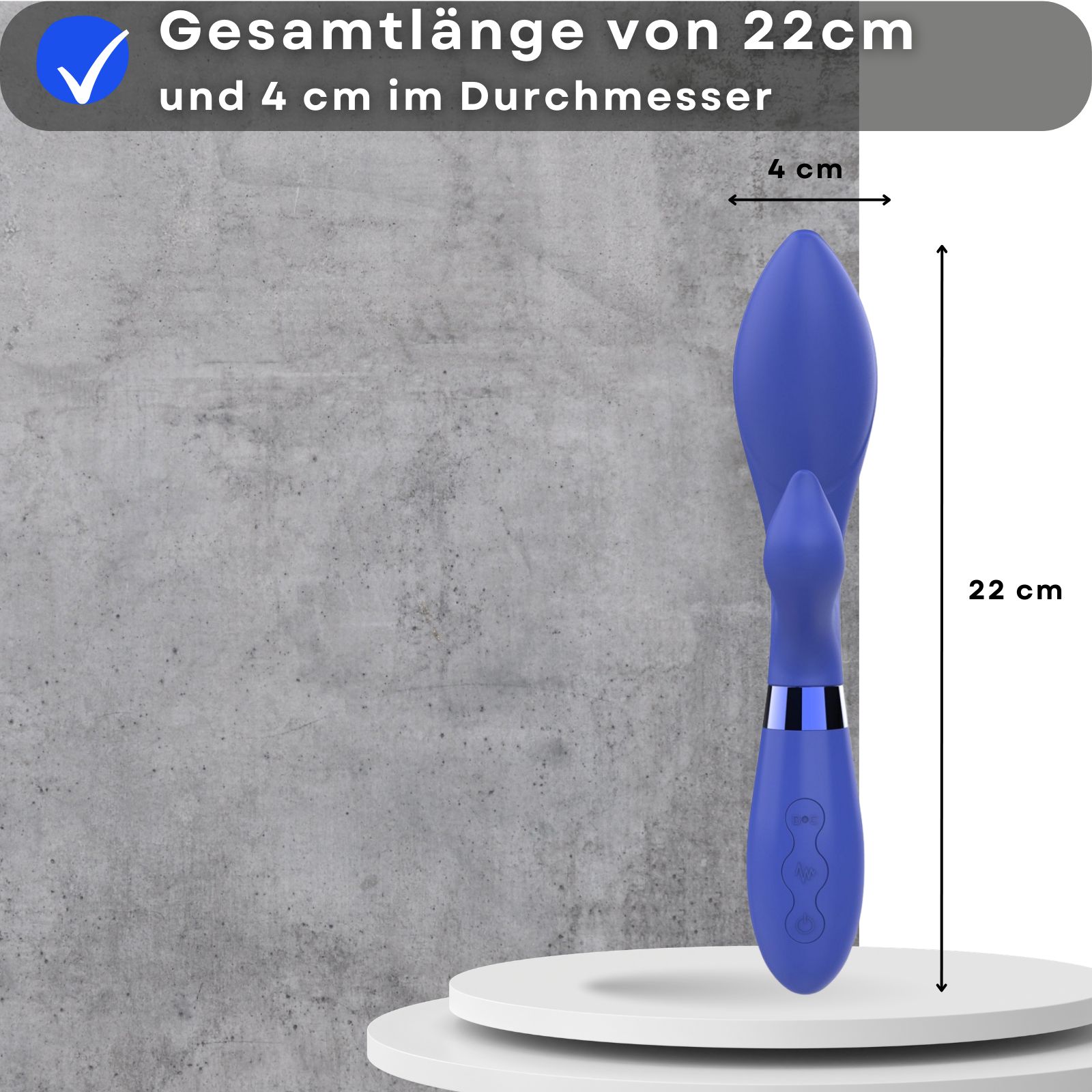 Blauer Vibrator. 22 cm lang, 4 cm Durchmesser. G-Punkt-Stimulation. Wiederaufladbar. 