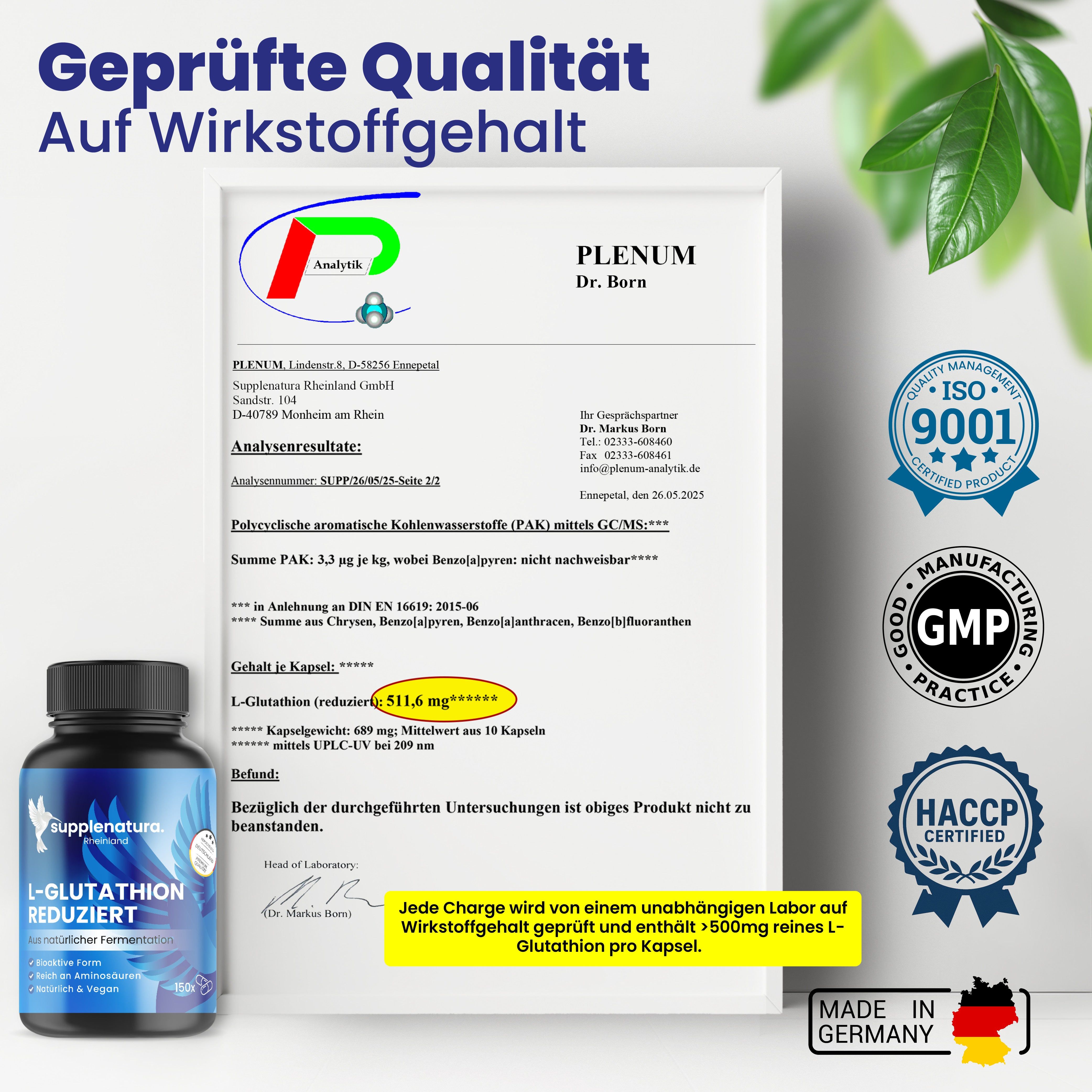 Zertifikat mit L-Glutathion-Analyse. Flasche mit Kapseln daneben. Qualitätszeichen: ISO 9001, GMP, HACCP. Made in Germany.