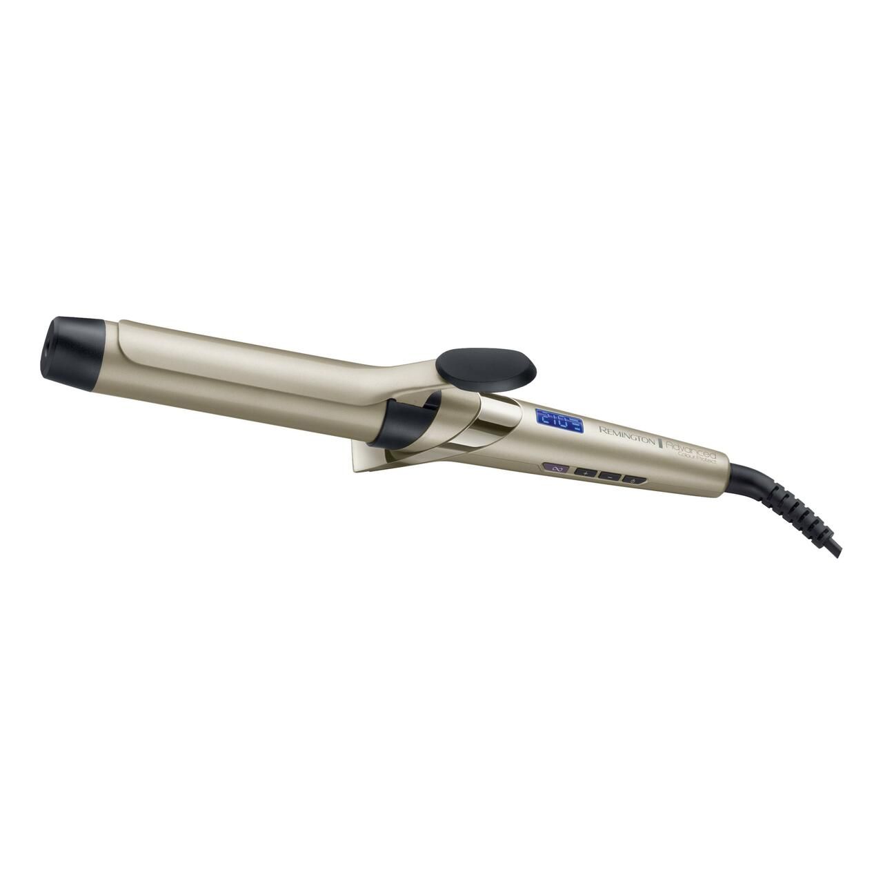 Lockenstab in Champagnerfarbe mit schwarzem Griff und digitaler Anzeige. Kabelanschluss.