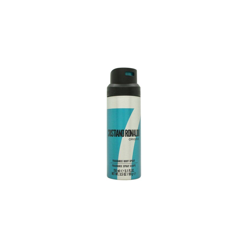 Cristiano Ronaldo 7Origins Body Spray: Silberne Dose mit blauem Design und der Zahl 7.