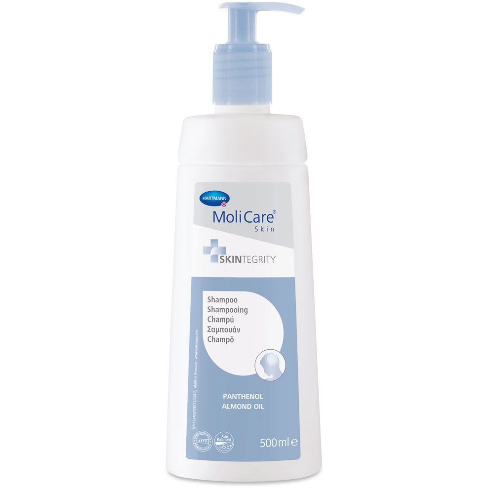 Weiße Flasche mit blauem Pumpkopf. Aufschrift: MoliCare Skin Shampoo. SKINTEGRITY. 500ml.