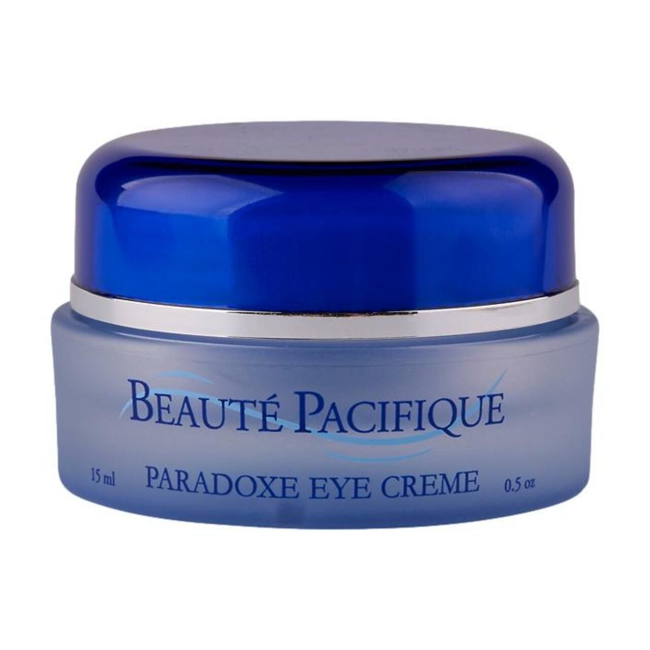 Augencreme-Tiegel mit blauem Deckel und silbernem Ring. Aufschrift: Beauté Pacifique, Paradoxe Eye Creme. Fassungsvermögen: 15 ml, 0,5 oz.