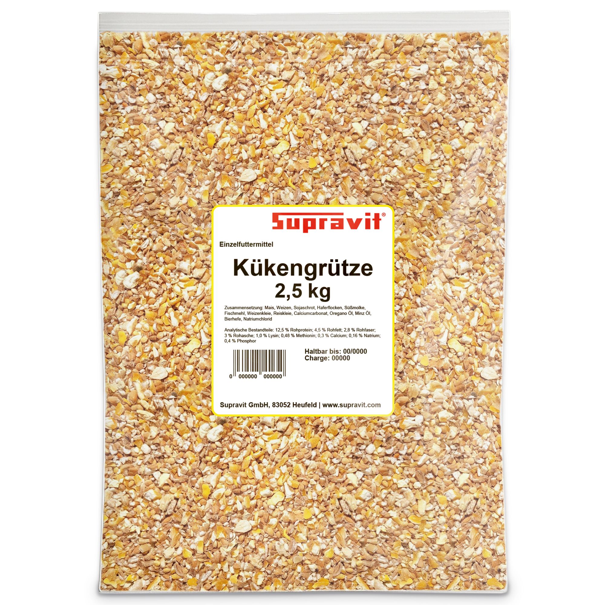 Transparente Verpackung mit Kükengrütze. Text: Kükengrütze, 2,5 kg. Logo: Supravit.