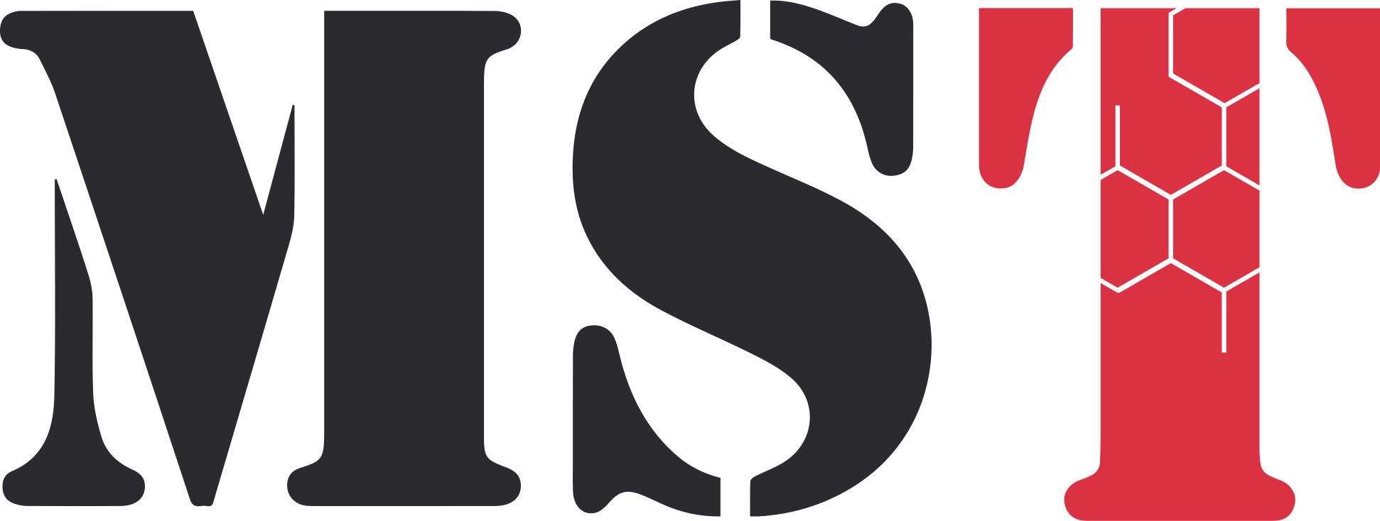 MST Logo mit sechseckigem Muster auf rotem Hintergrund.