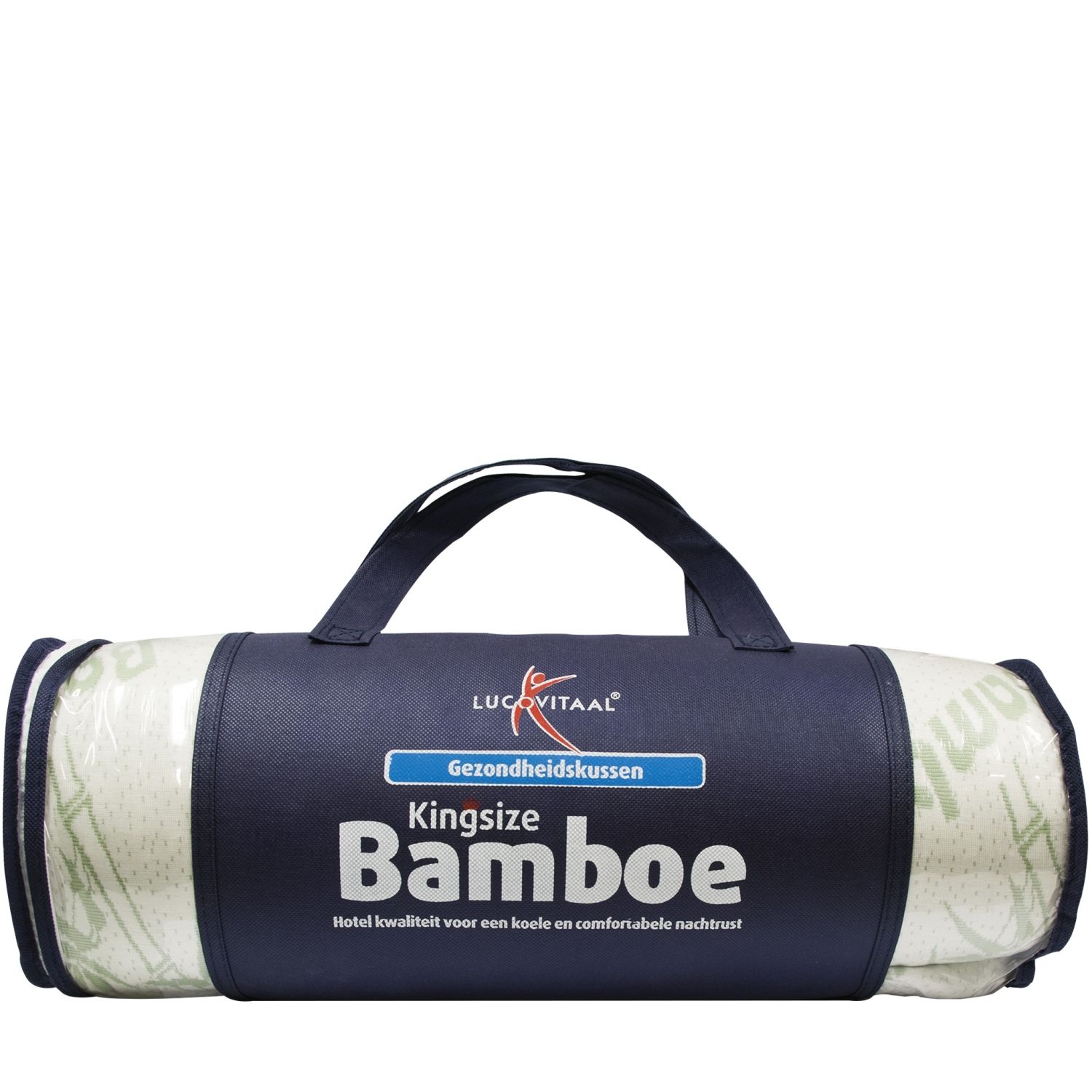 Sac de transport roulé avec texte. Inscription : "Kingsize Bamboe". Sac bleu foncé avec poignée. Contient un oreiller en bambou.