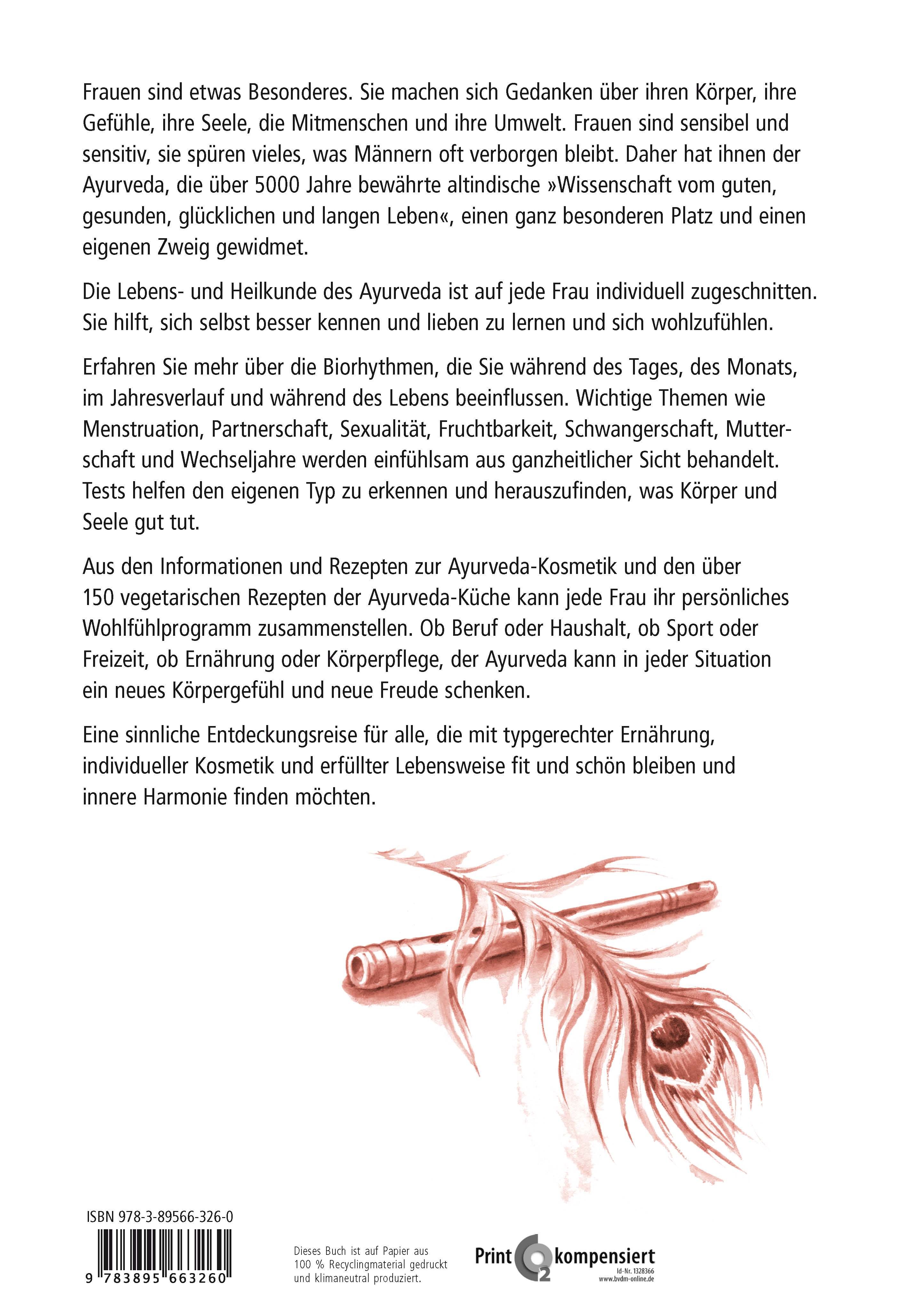 Rückseite des Buches "Ayurveda-Handbuch für Frauen". Text, Feder, Flöte und Logo.