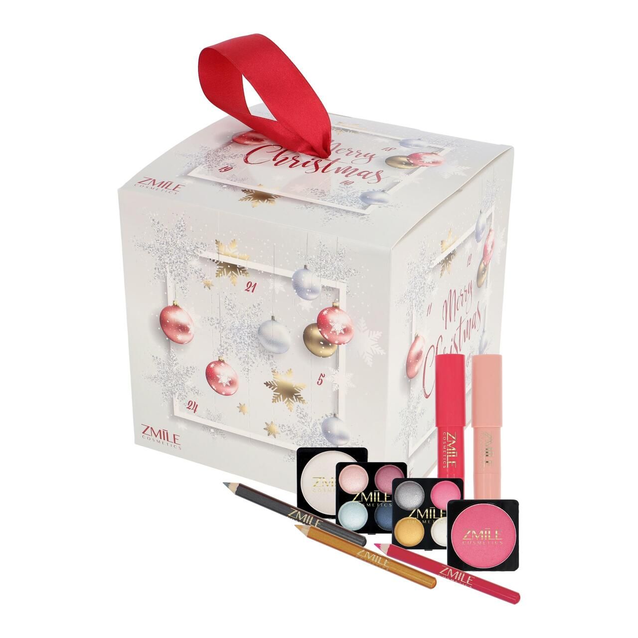 ZMILE Adventskalender Cube 'Merry Christmas'. Würfelförmige Verpackung mit roter Schleife. Enthält Kosmetikprodukte.