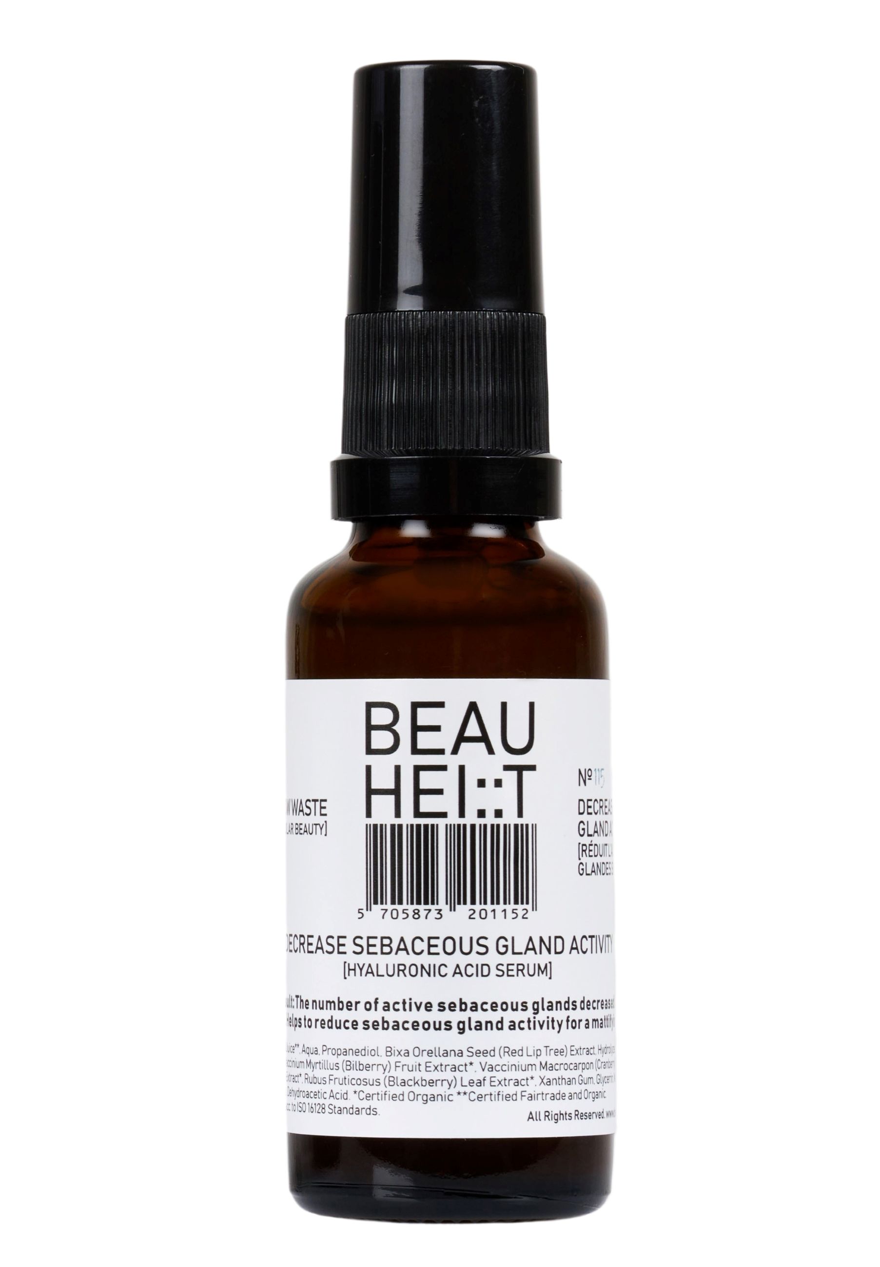 Braunglasflasche mit schwarzem Sprühkopf. Etikett mit Produktinformationen und Barcode. Text: BEAUHEIT, Hyaluronsäure Serum.