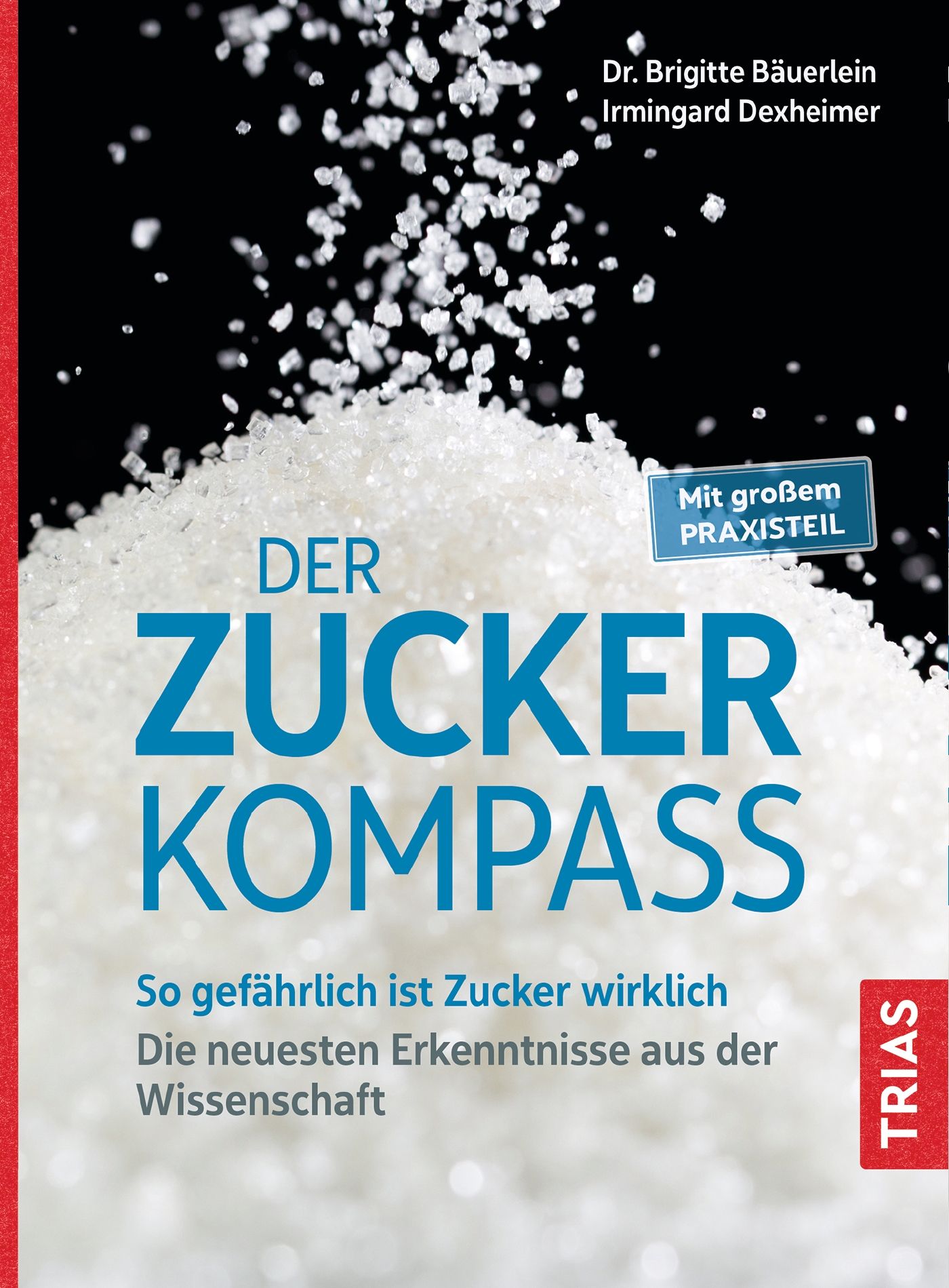 Buchcover mit Titel "Der Zucker-Kompass". Autoren: Dr. Brigitte Bäuerlein, Irmingard Dexheimer. Blaue Schrift auf weißem Zuckerhaufen.
