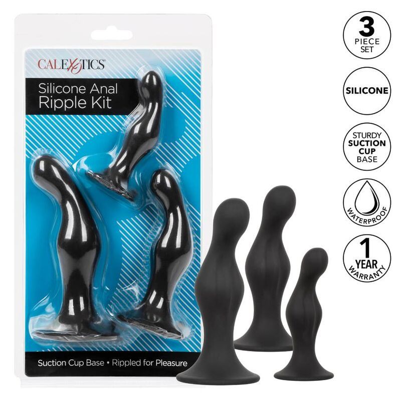 Verpackung mit drei schwarzen Anal-Stöpseln. Marke Calexotics. Zusätzliche Symbole und Text.