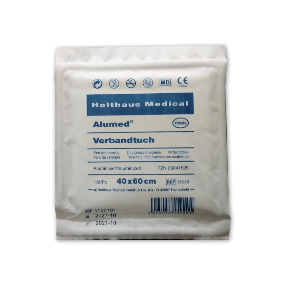 Compresa Alumed®, 40x60cm, confezione bianca. Scritte: Holthaus Medical, marchio CE, PZN, numero di riferimento, data di scadenza.