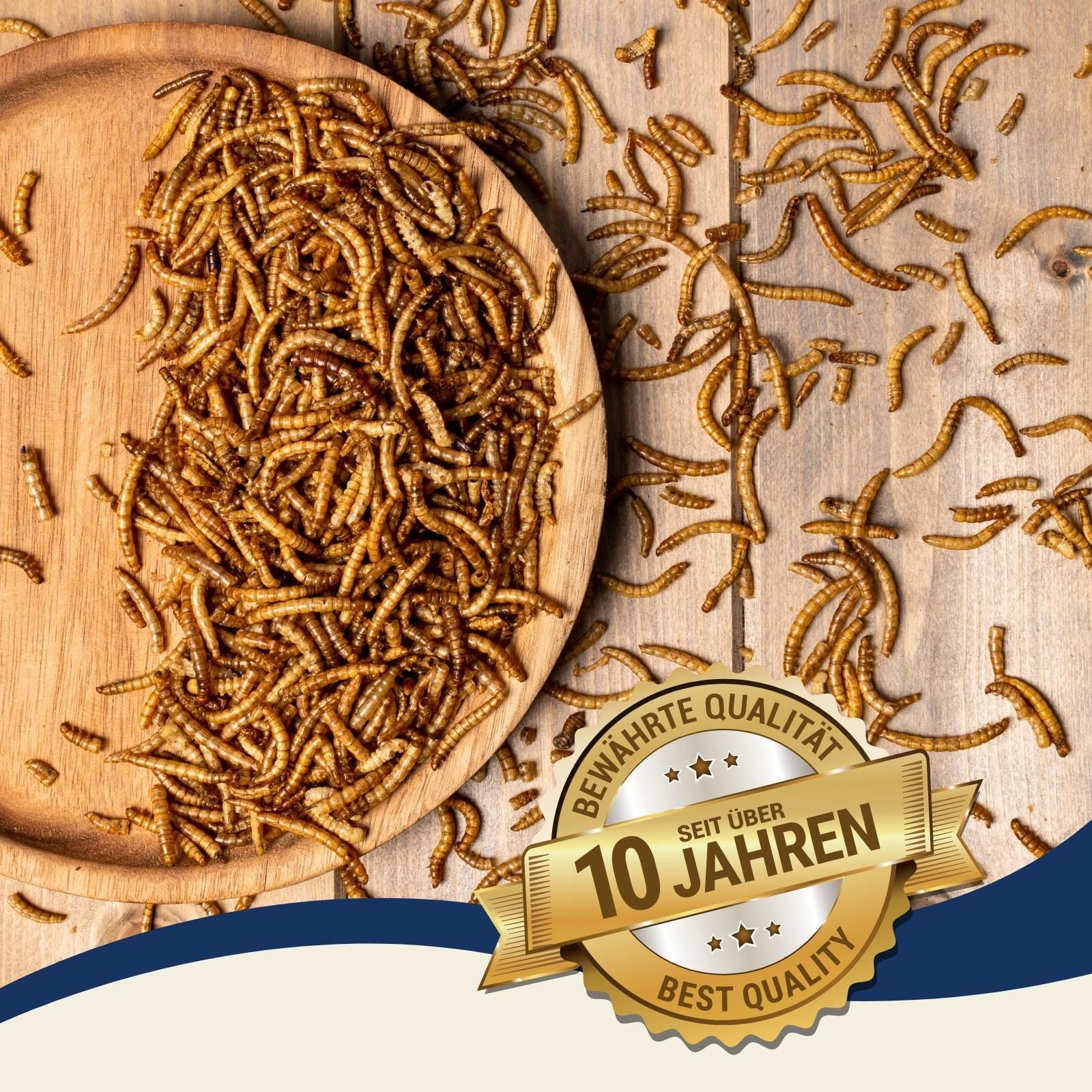Getrocknete Mehlwürmer auf einem Holztablett, mit einem Qualitätssiegel 'Seit über 10 Jahren'.