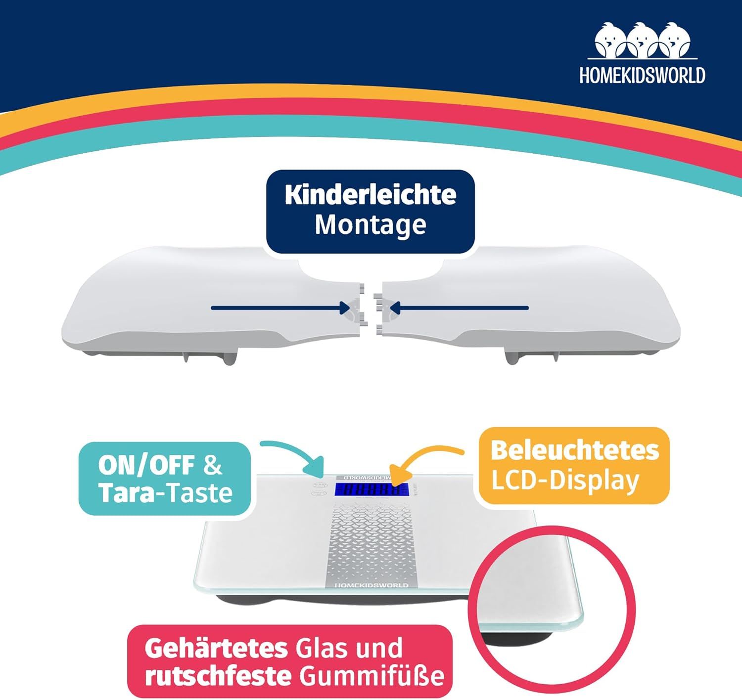 Digitale Waage mit zwei Teilen. Gehäuse aus gehärtetem Glas, rutschfeste Gummifüße. Beleuchtetes LCD-Display. ON/OFF-Taste.