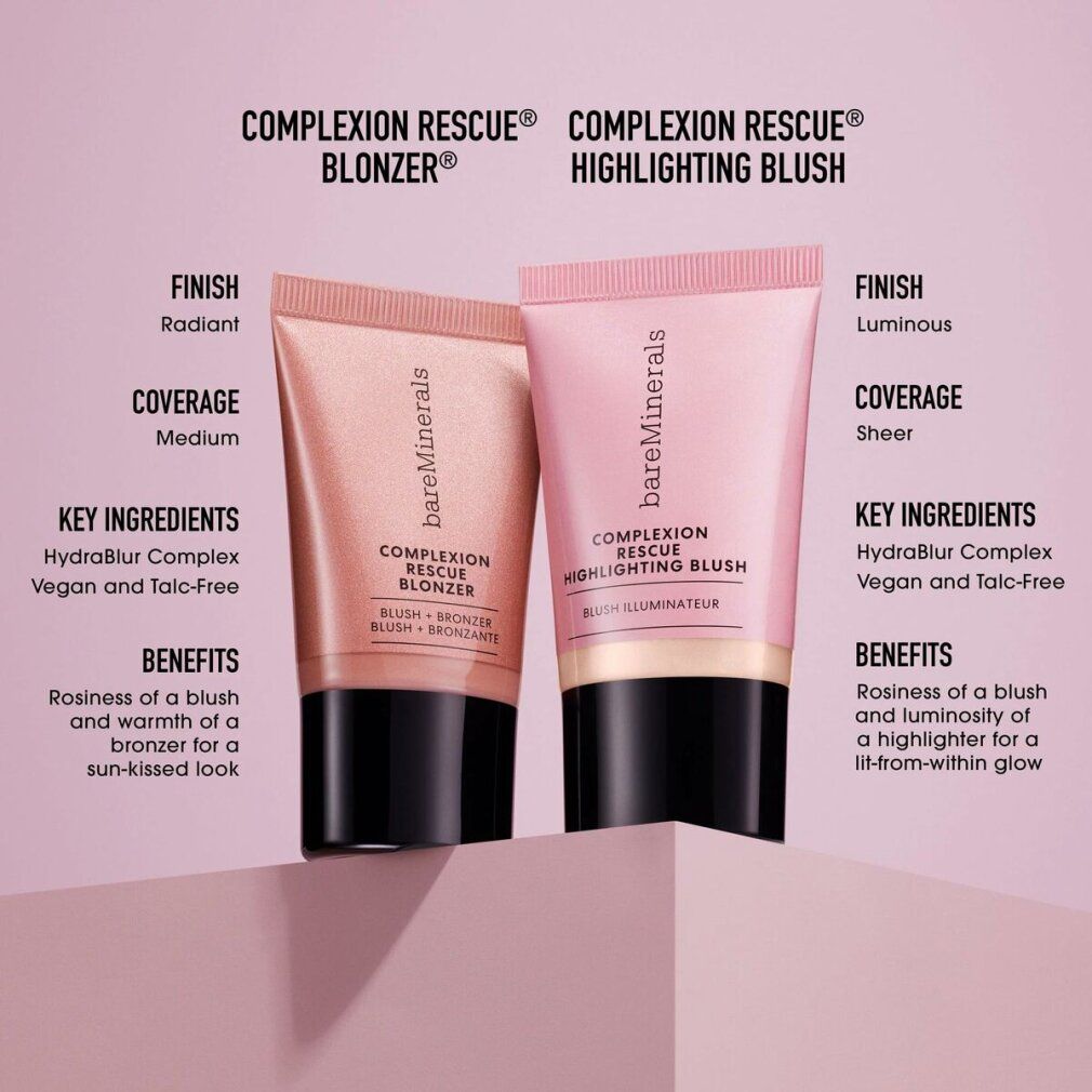 Zwei Tuben mit Produktinformationen. Aufschrift: COMPLEXION RESCUE BLONZER und HIGHLIGHTING BLUSH. Text: Finish, Deckkraft, Inhaltsstoffe, Vorteile.