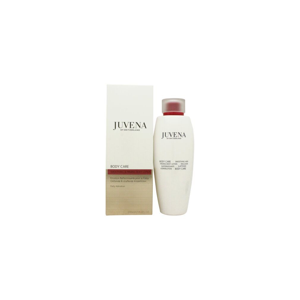 Weiße Verpackung und Flasche. Aufschrift: Juvena of Switzerland. Text: Body Care, Smoothing and Firming Body Lotion, Emulsion.