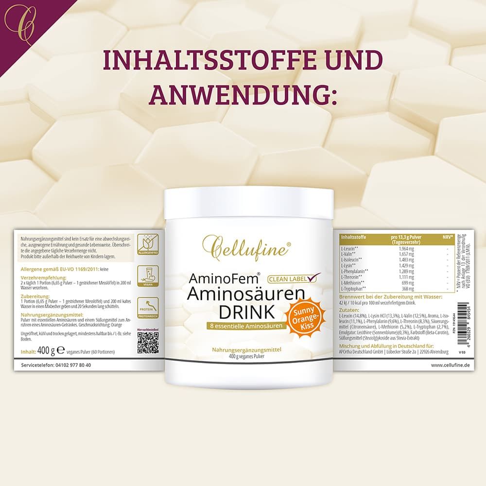 Cellufine AminoFem Aminosäuren Drink. 3 Produktblätter mit Inhaltsstoffen und Anwendung. Orangefarbenes Pulver.