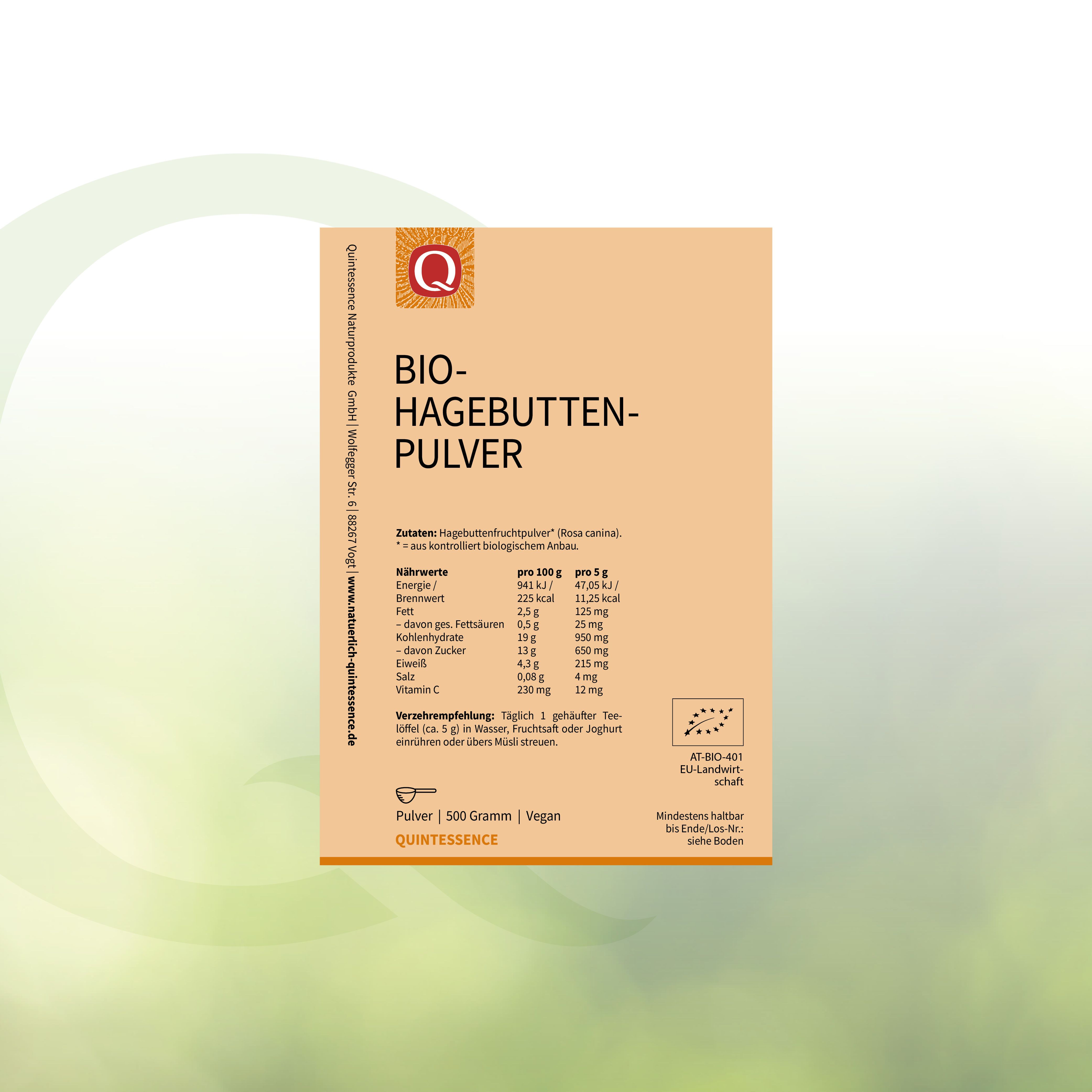 Produktverpackung mit Bio-Hagebuttenpulver. Aufdruck mit Produktinformationen und Bio-Siegel. Marke Quintessence.
