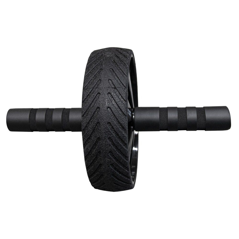 Bauchtrainer mit breitem, profiliertem Rad und zwei Griffen auf einem Metallstab.