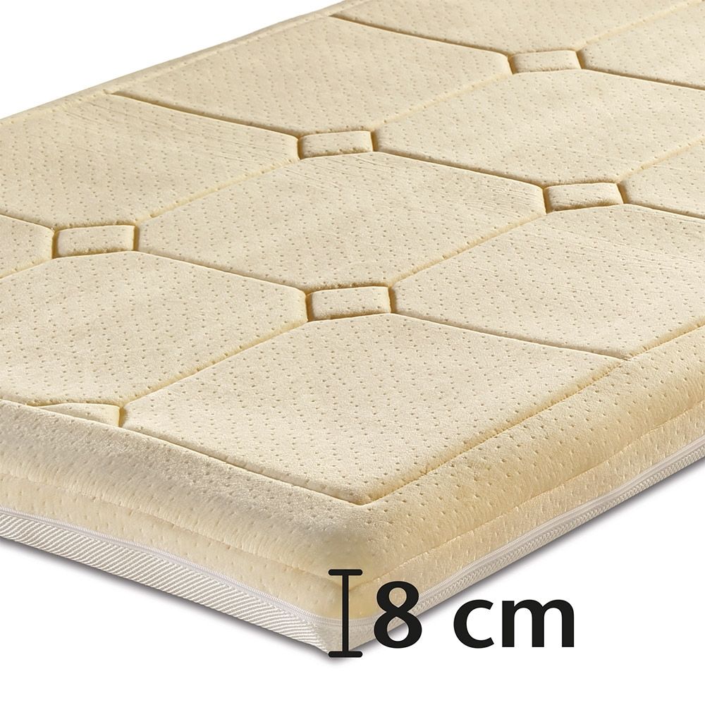 Beige Matratzenauflage mit geometrischem Muster. 8 cm hoch.