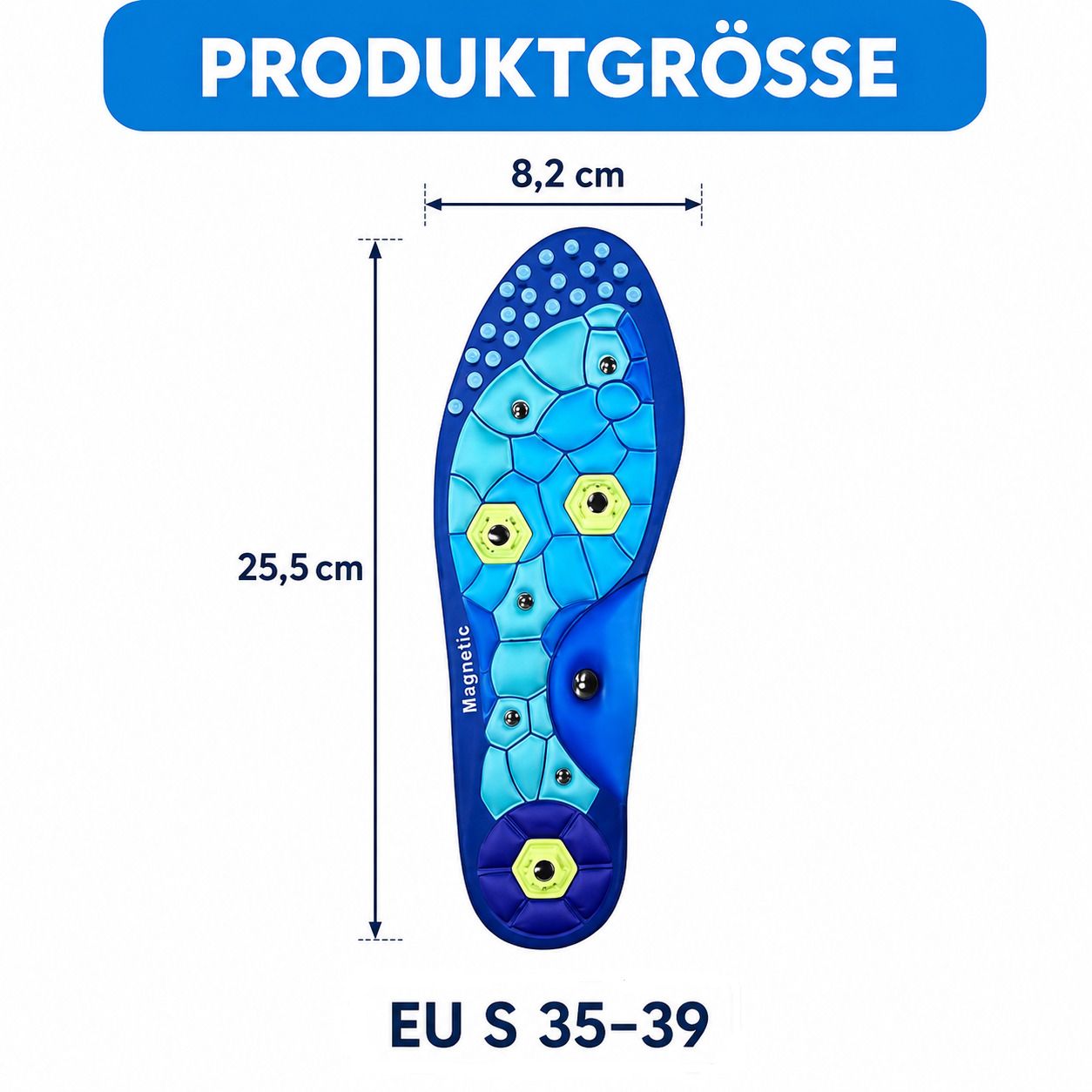 Eine zuschneidbare Massage-Einlegesohle mit Noppenstruktur, Magneten und Größenangabe (25,5 cm, 8,2 cm, EU S 35-39).