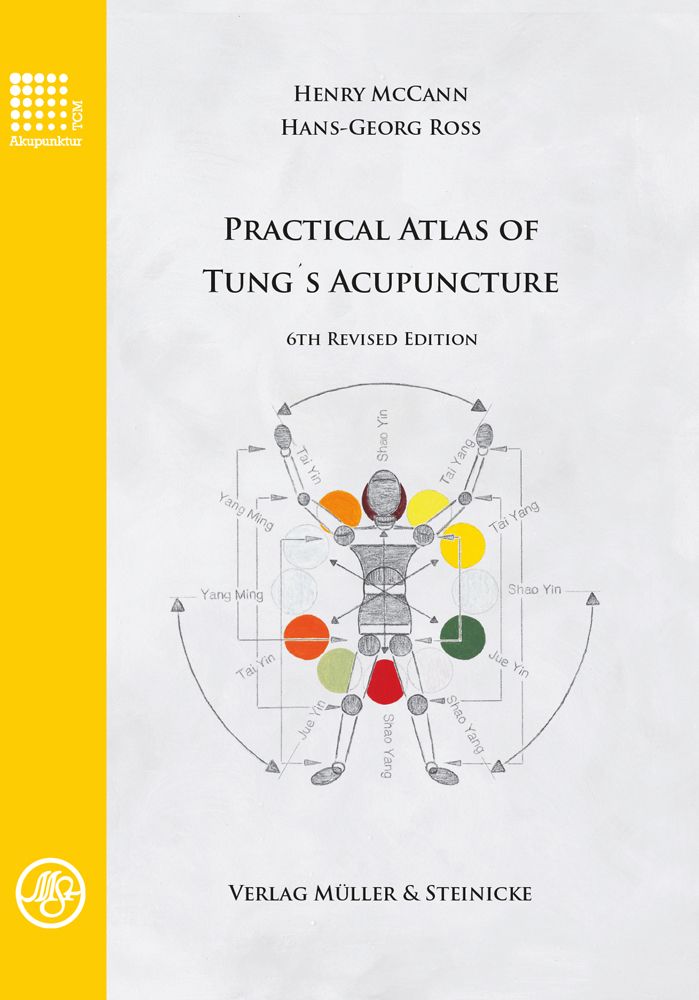 Buchcover: Praktischer Atlas der Tung's Akupunktur, 6. Auflage. Abbildung eines menschlichen Körpers mit Akupunkturpunkten.