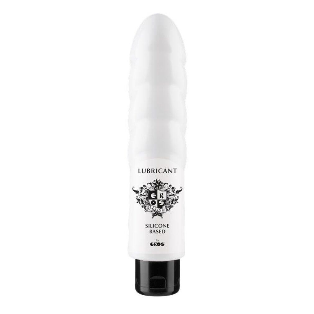 Weiße Flasche mit geripptem Dildo-Design, gefüllt mit Gleitmittel auf Silikonbasis.