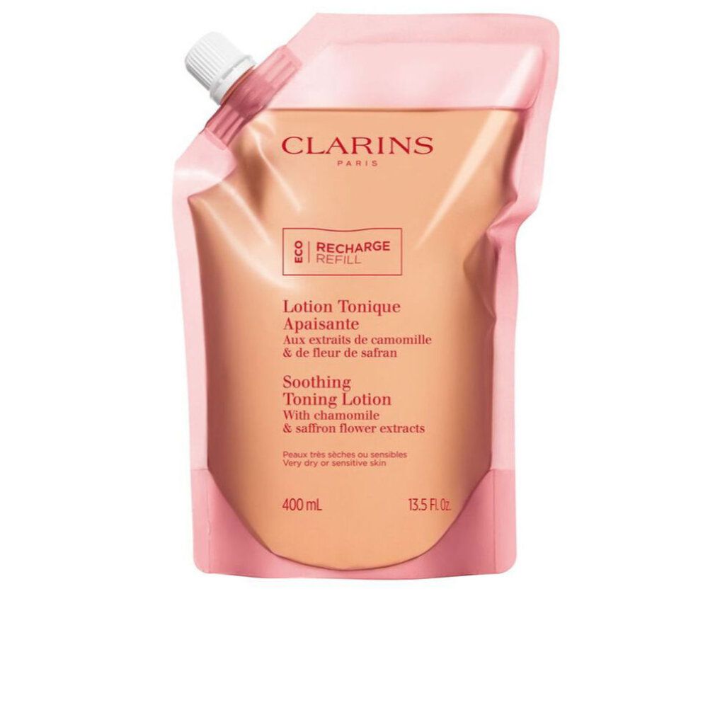 Nachfüllpackung. Rosa Beutel mit weißem Verschluss. Text: Clarins, Lotion Tonique Apaisante, 400ml, 13.5 FL.OZ.
