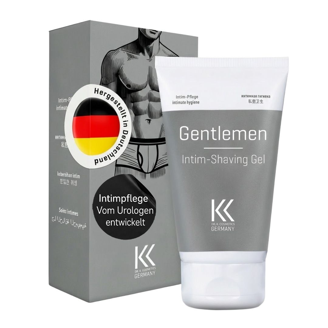 Graue Tube und Schachtel. Auf der Tube steht "Gentlemen Intim-Shaving Gel". Auf der Schachtel ist ein Mann abgebildet. Hergestellt in Deutschland.