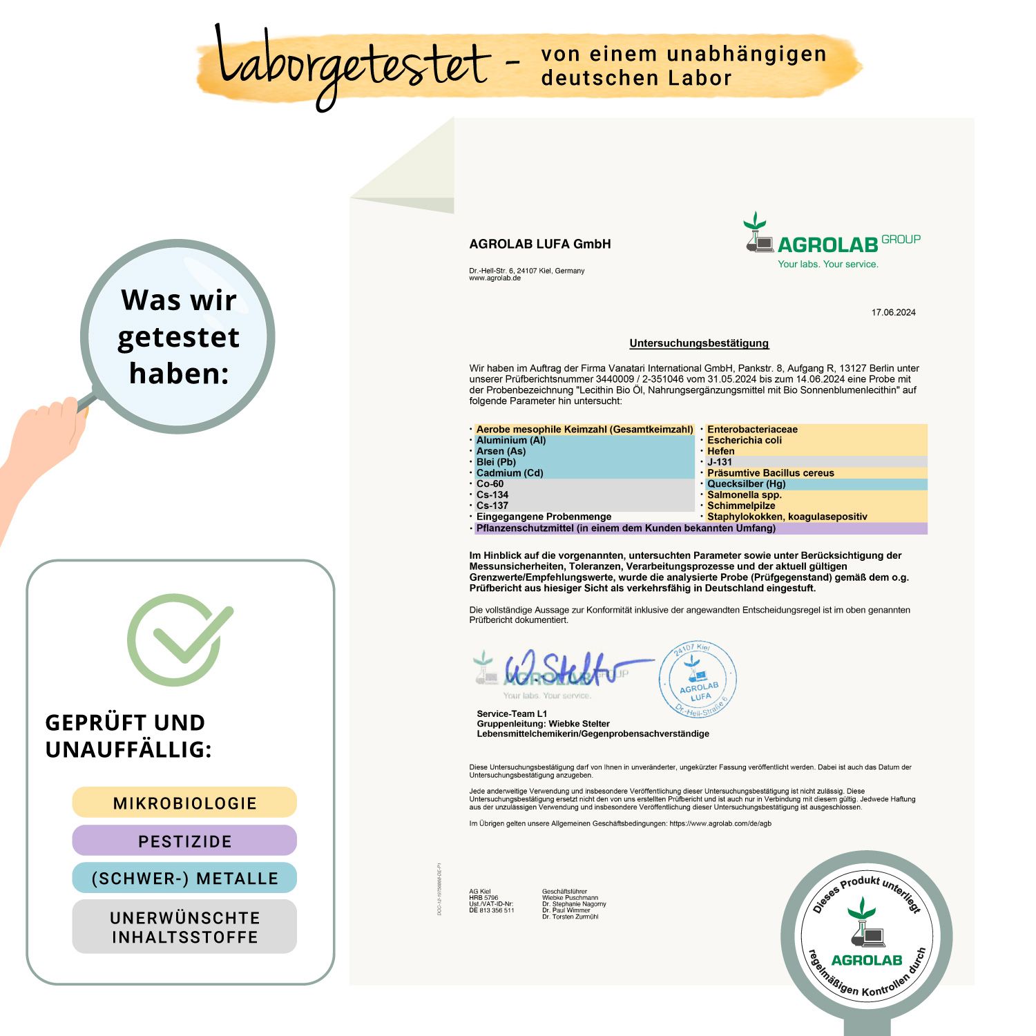 Zertifizierungsbericht. Laborergebnisse, Prüfsiegel. Geprüft auf Mikrobiologie, Pestizide, Schwermetalle.