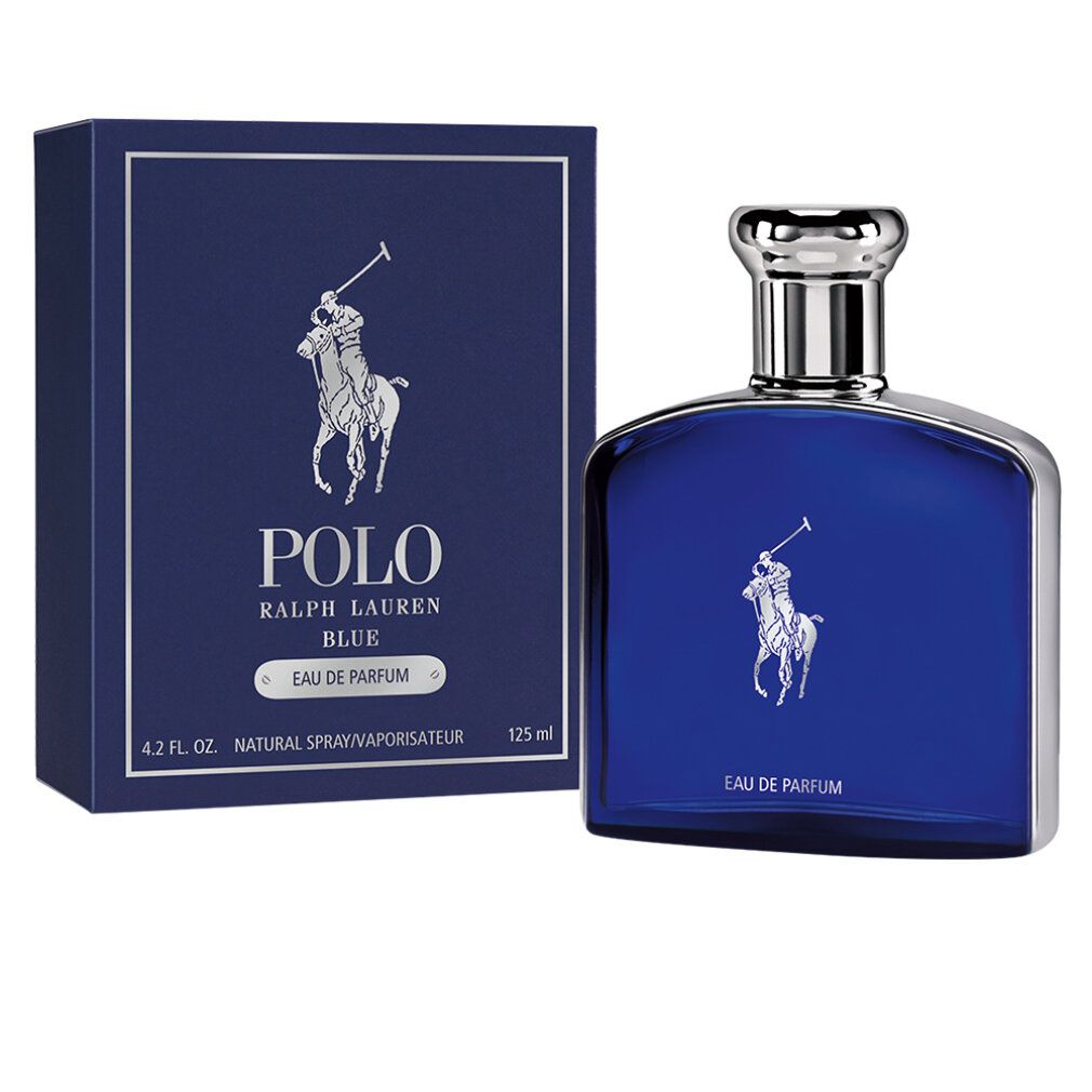 Blaues Parfümflakon mit silbernem Verschluss und Verpackung. Logo mit Reiter. Text: Polo, Ralph Lauren Blue, Eau de Parfum, 125 ml.