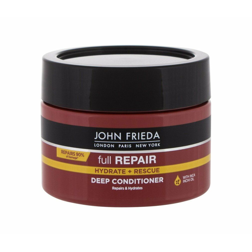 Roter Tiegel mit schwarzem Deckel. Aufschrift: John Frieda, full Repair, Hydrate + Rescue, Deep Conditioner. Gelbe Akzente.