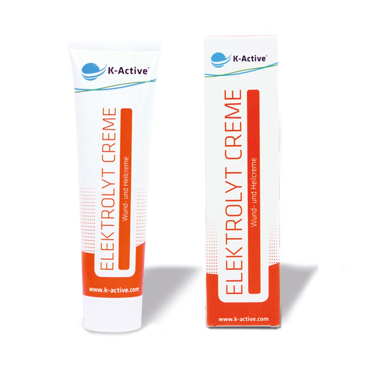 Tube und Schachtel mit blauem Logo und Schriftzug ELEKTROLYT CREME. Orangefarbener Streifen. www.k-active.com.