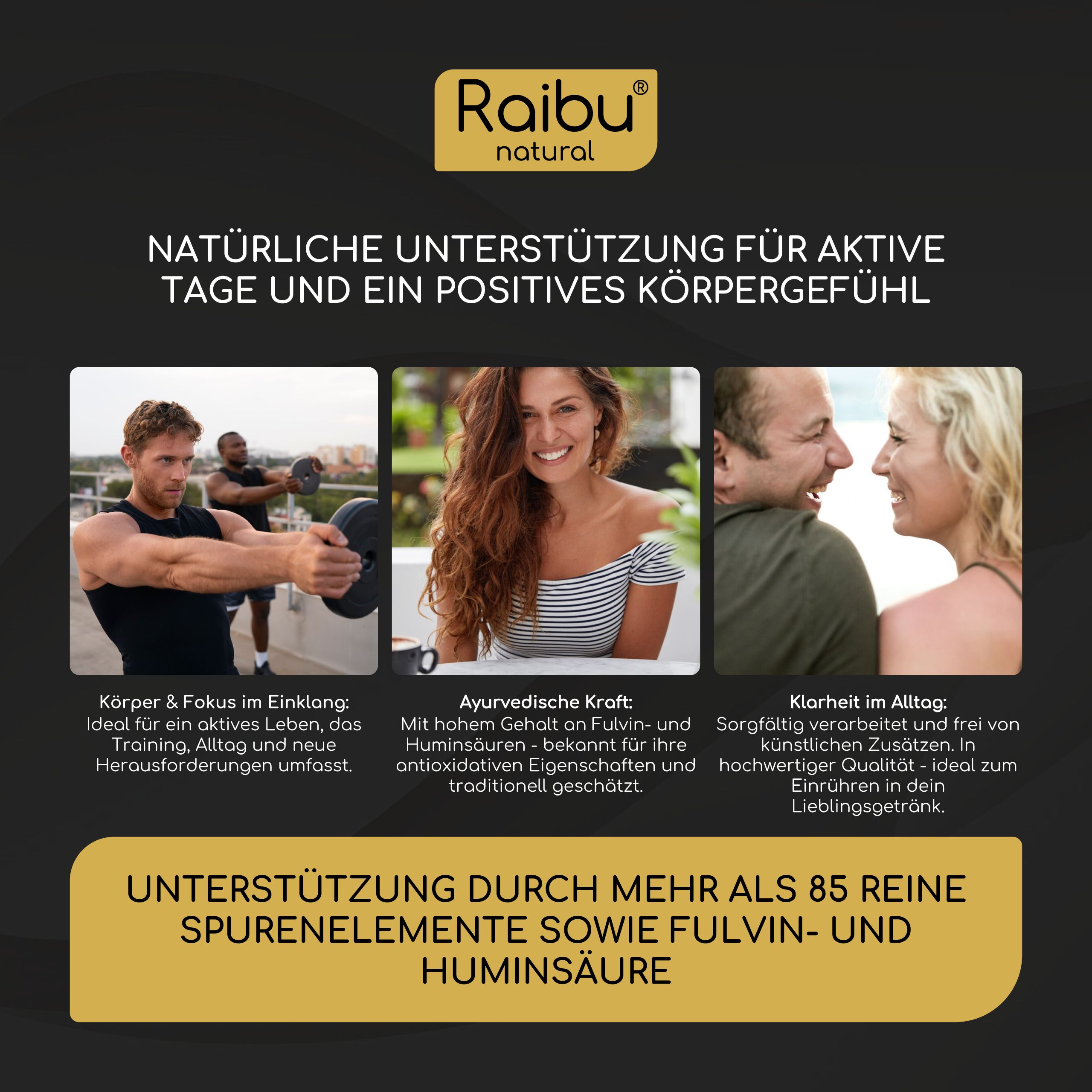 Werbebild mit drei Fotos. Text: Körper & Fokus, ayurvedische Kraft, Klarheit im Alltag. Text: Spurenelemente.