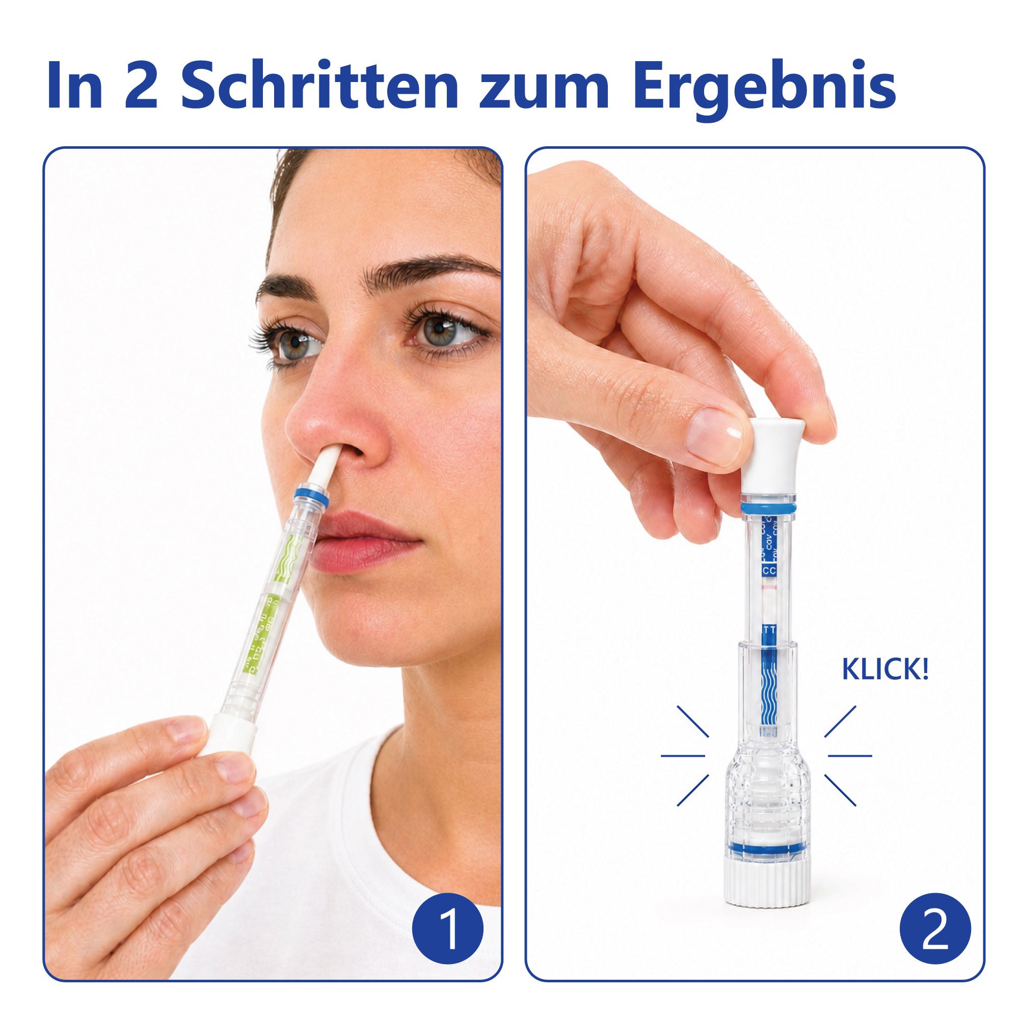 Zwei Bilder zeigen die Anwendung. Frau führt Test durch, dann Klick. Text: In 2 Schritten zum Ergebnis.