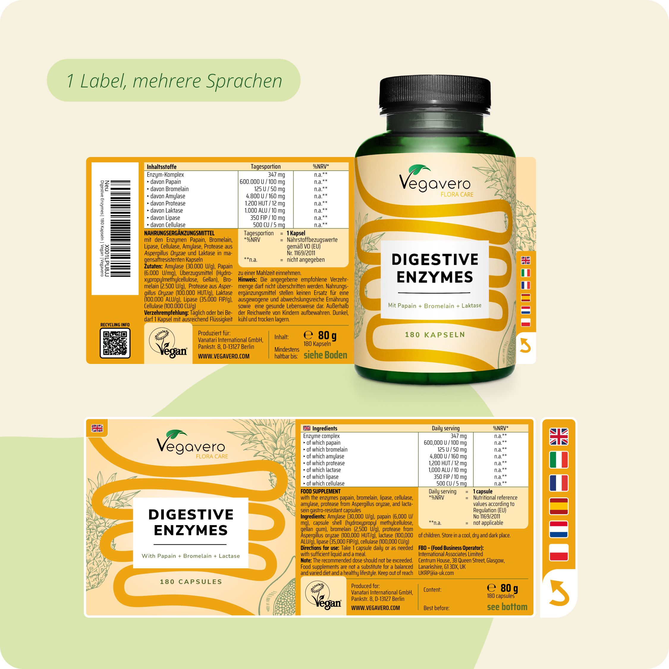 Vegavaro Digestive Enzymes Dose und Etiketten mit Nährwertangaben in mehreren Sprachen.