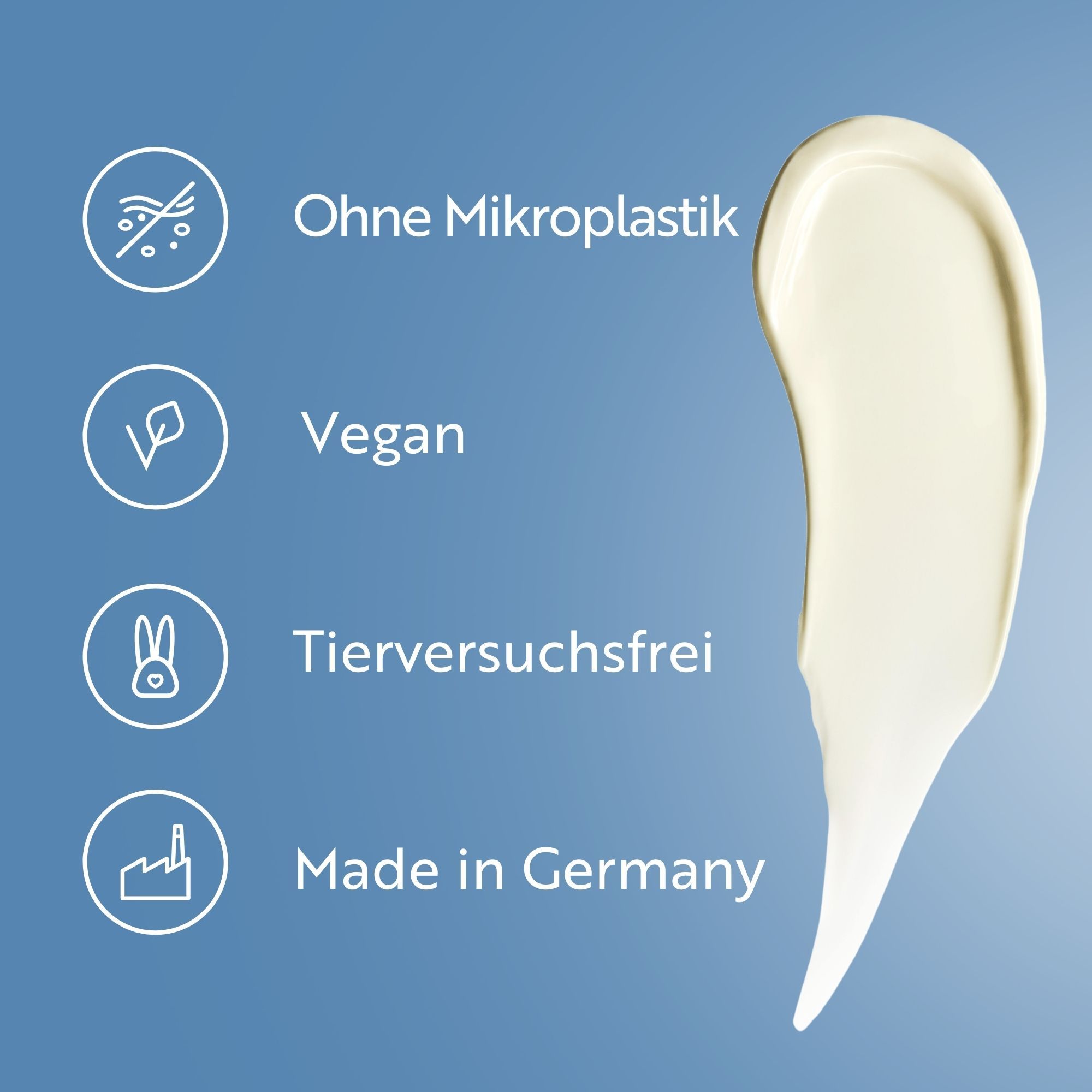 Creme-Strick auf blauem Hintergrund. Symbole: Ohne Mikroplastik, Vegan, Tierversuchsfrei, Made in Germany.